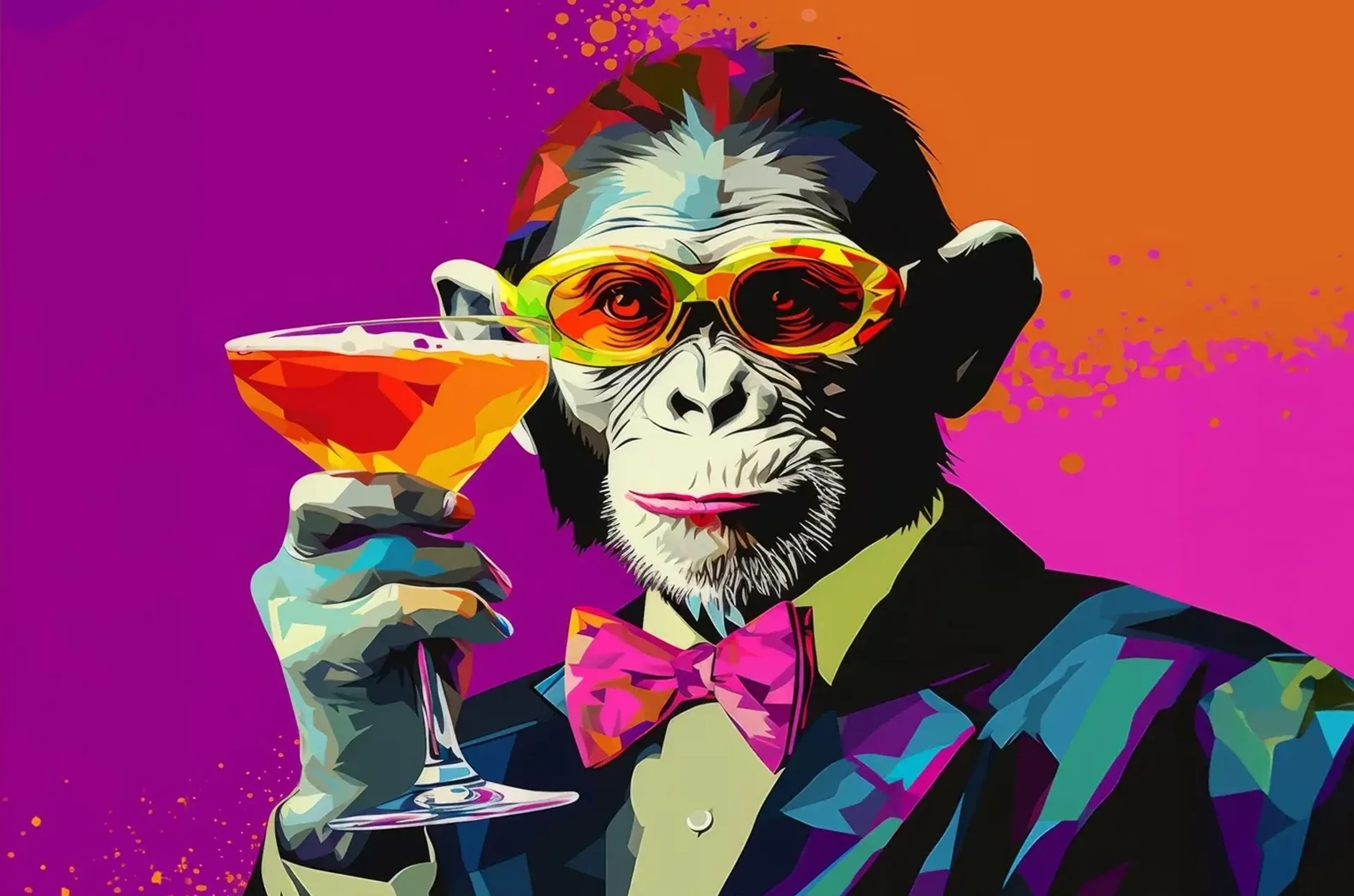 Ein Affe mit Sonnenbrille, pinker Fliege und buntem Jackett hält ein Glas mit orangefarbenem Getränk.