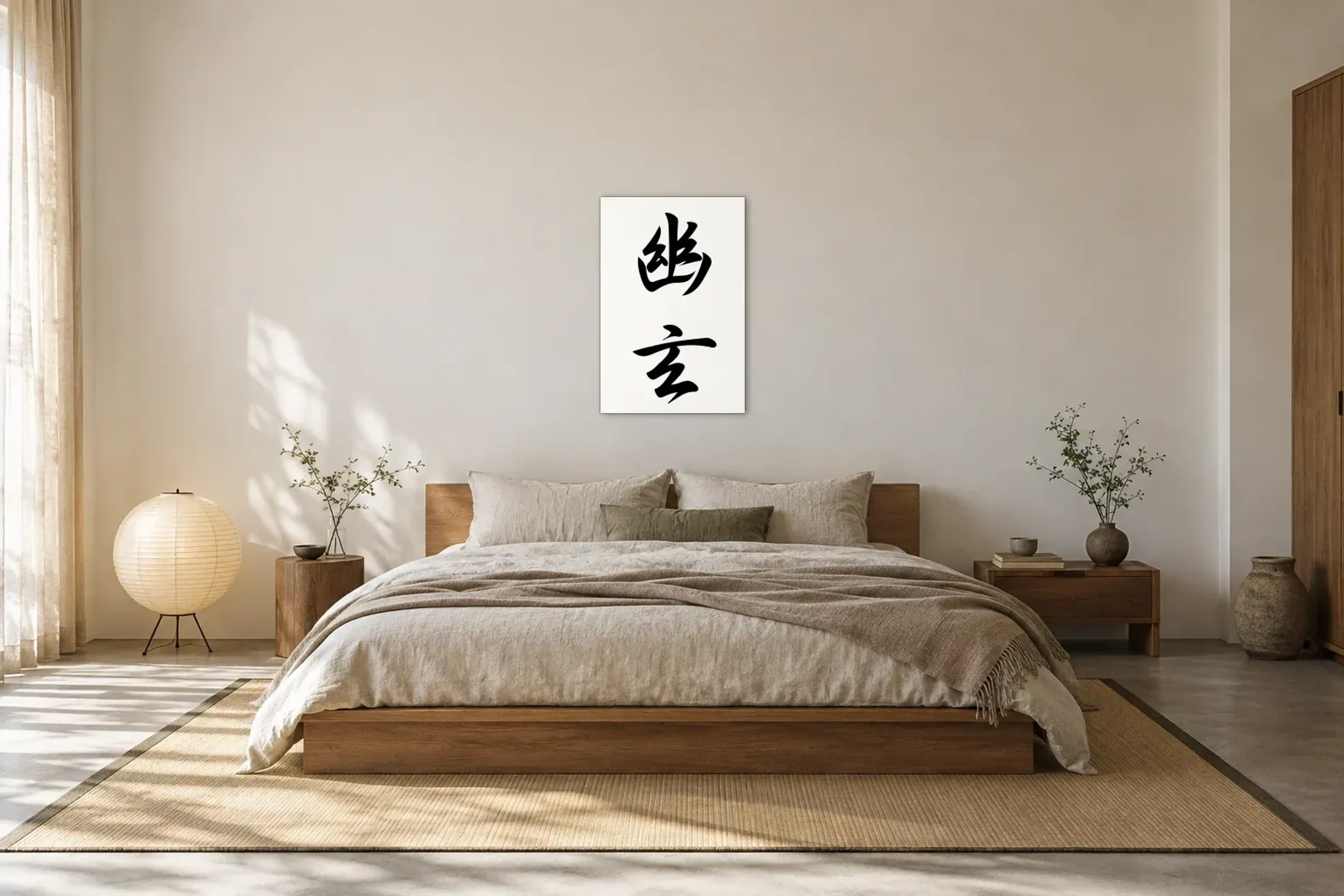 Yugen in Schwarz-Weiß als Wandbild über einem 180-cm-Bett