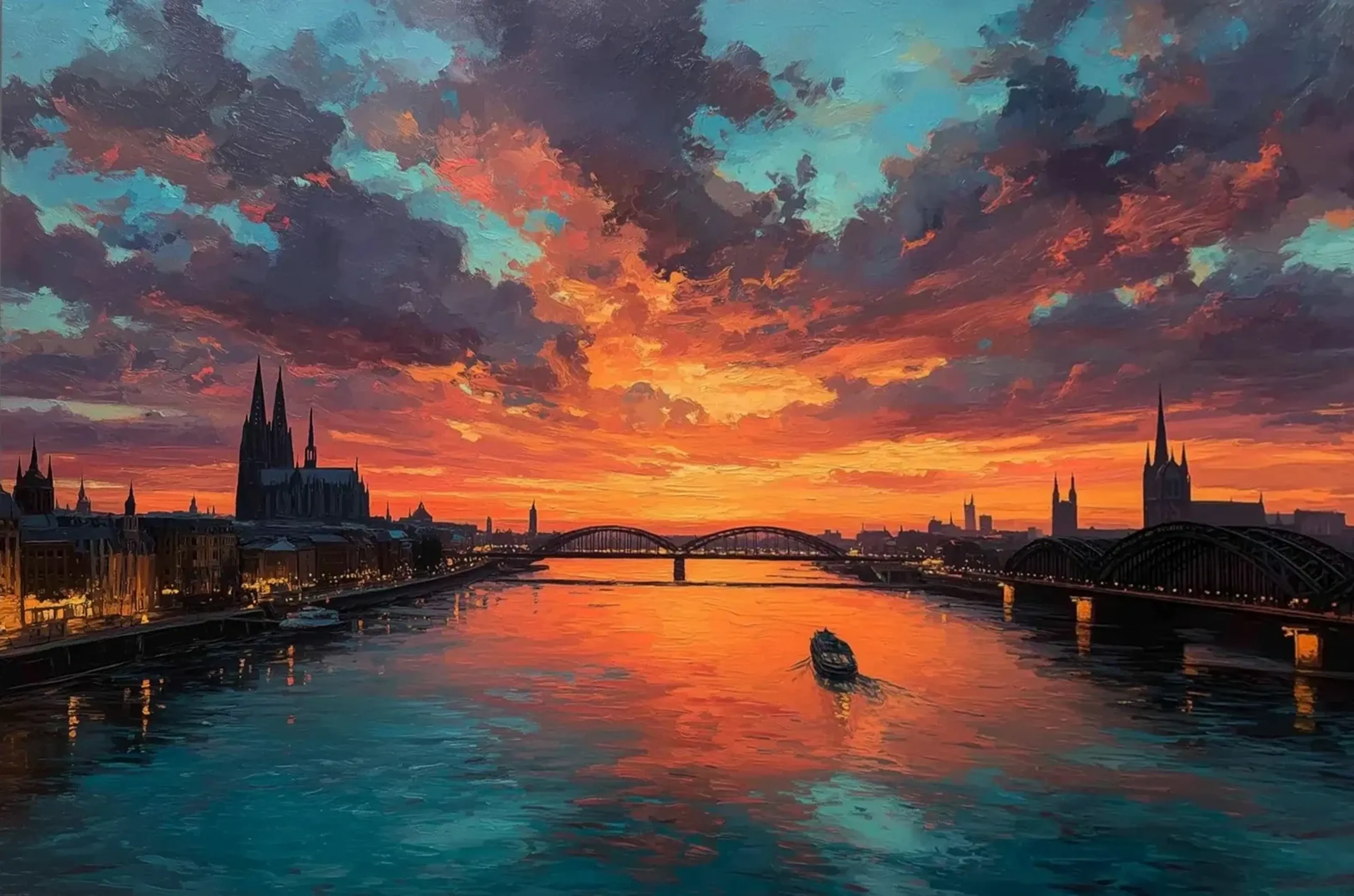 Orangegoldener Abendhimmel über dem Rhein mit Kölner Dom, mehreren Brücken und einem einzelnen Boot.