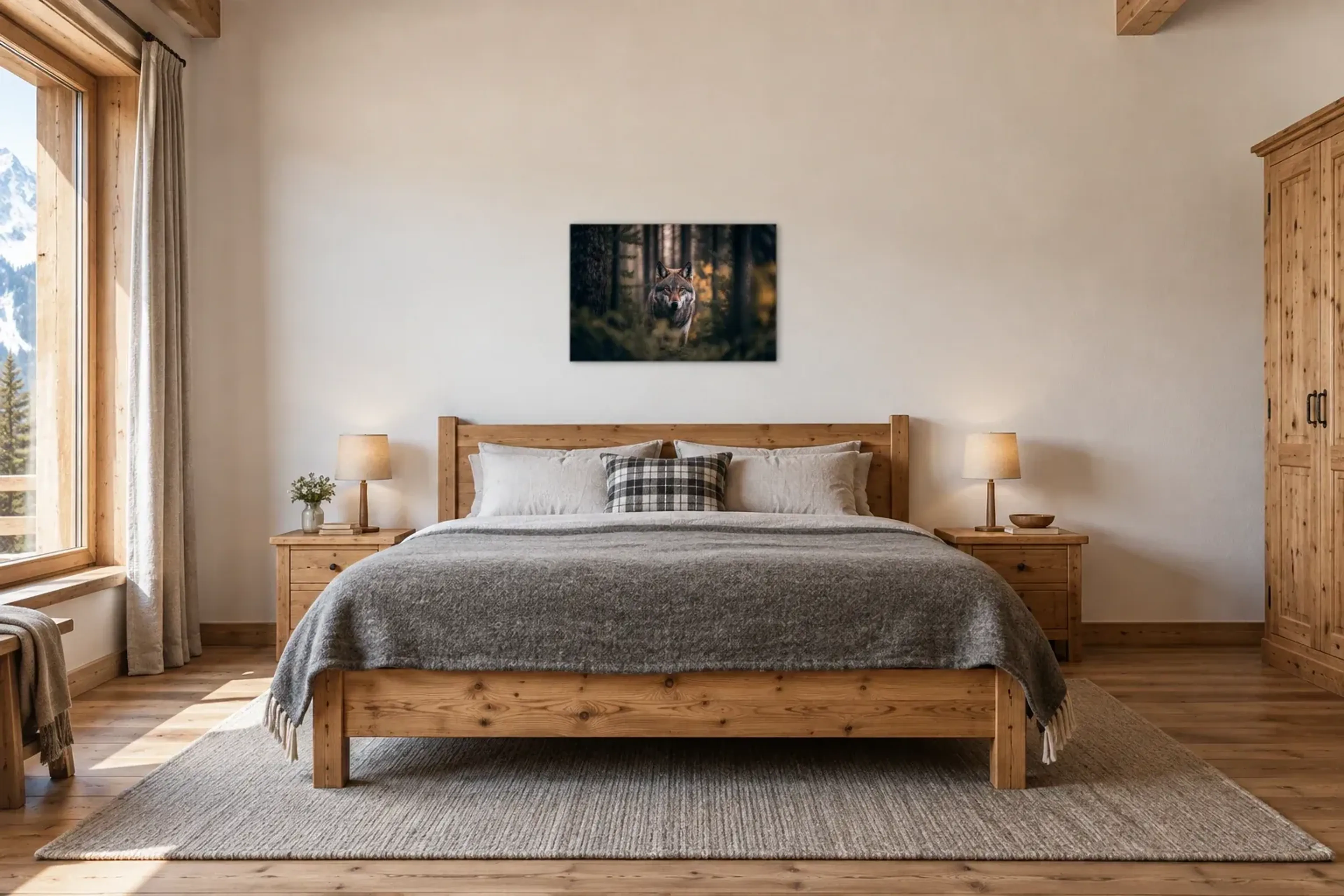 Wolf im Wald als Wandbild über einem 180-cm-Bett