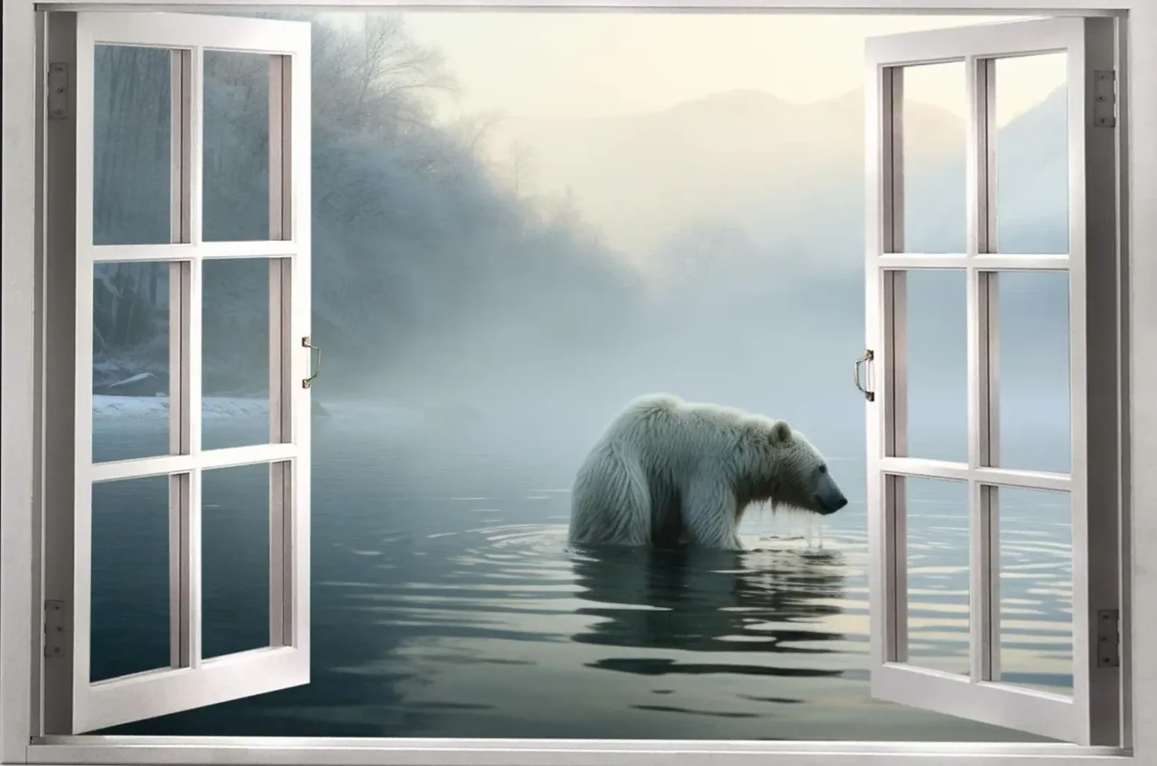 Offenes weißes Fenster mit Blick auf einen Eisbären im Wasser vor einem nebligen Ufer und blassen Bergen.