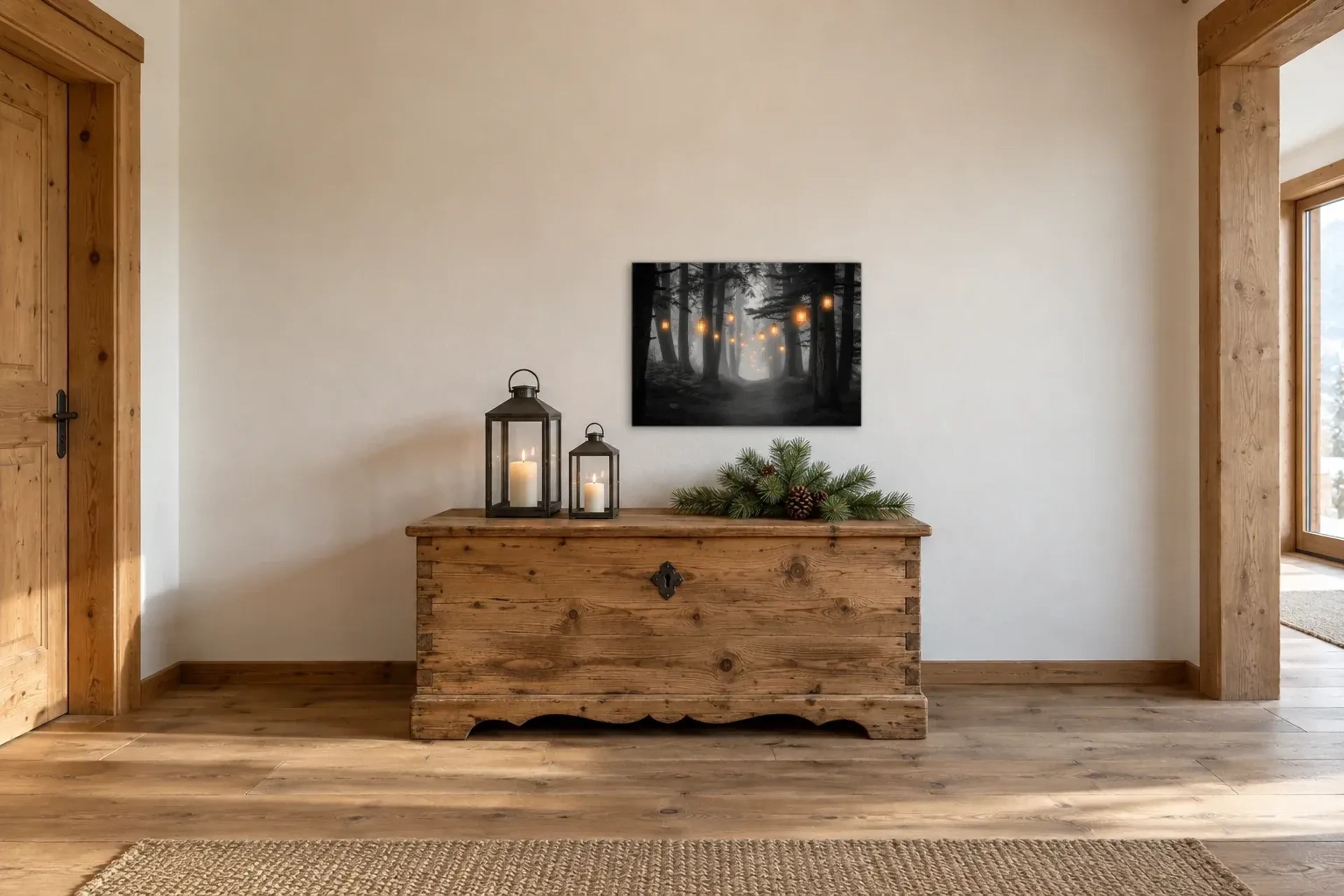 Lichterwald als Wandbild über einer 140-cm-Truhe