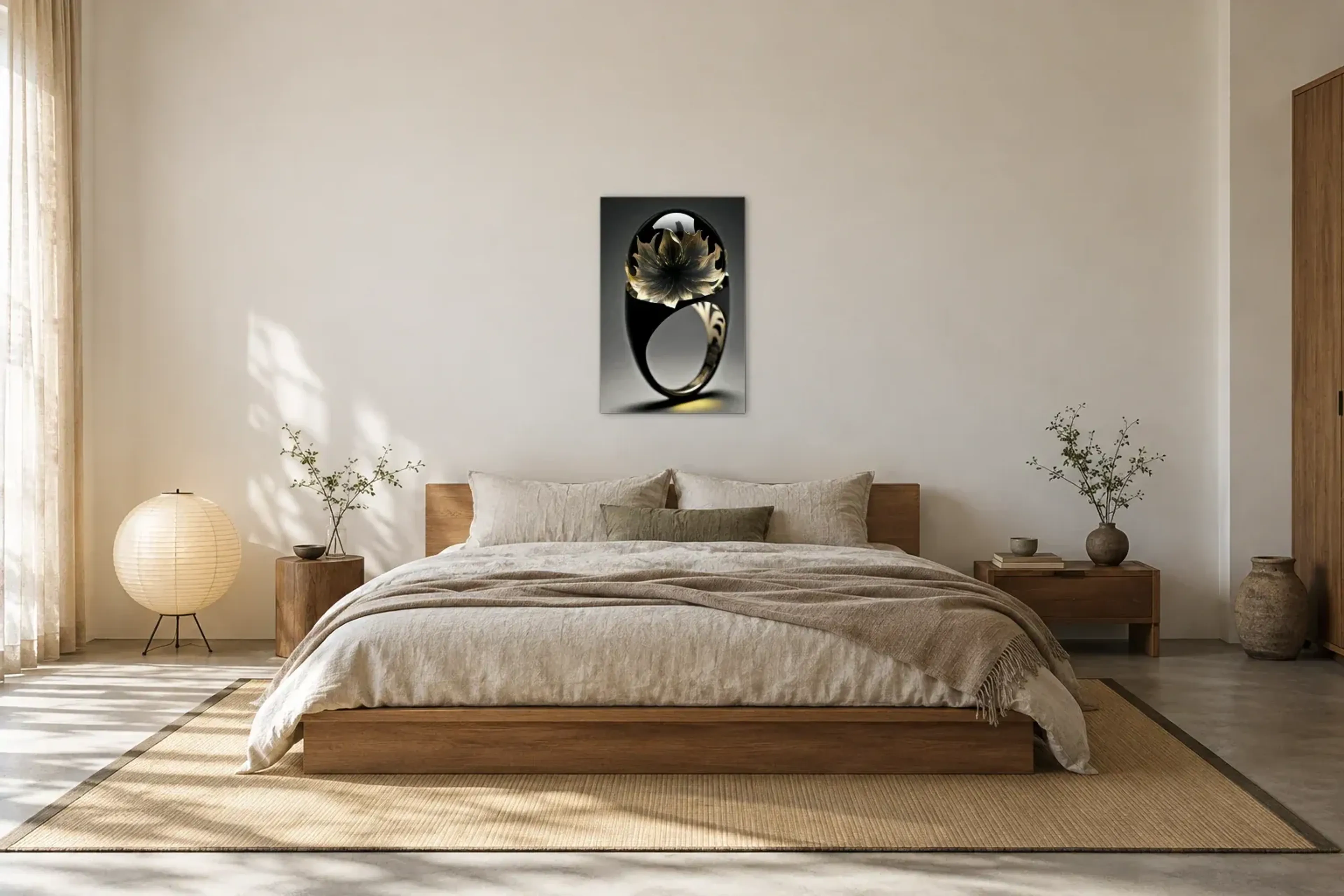 Blüte im schwarzen Ring als Wandbild über einem 180-cm-Bett