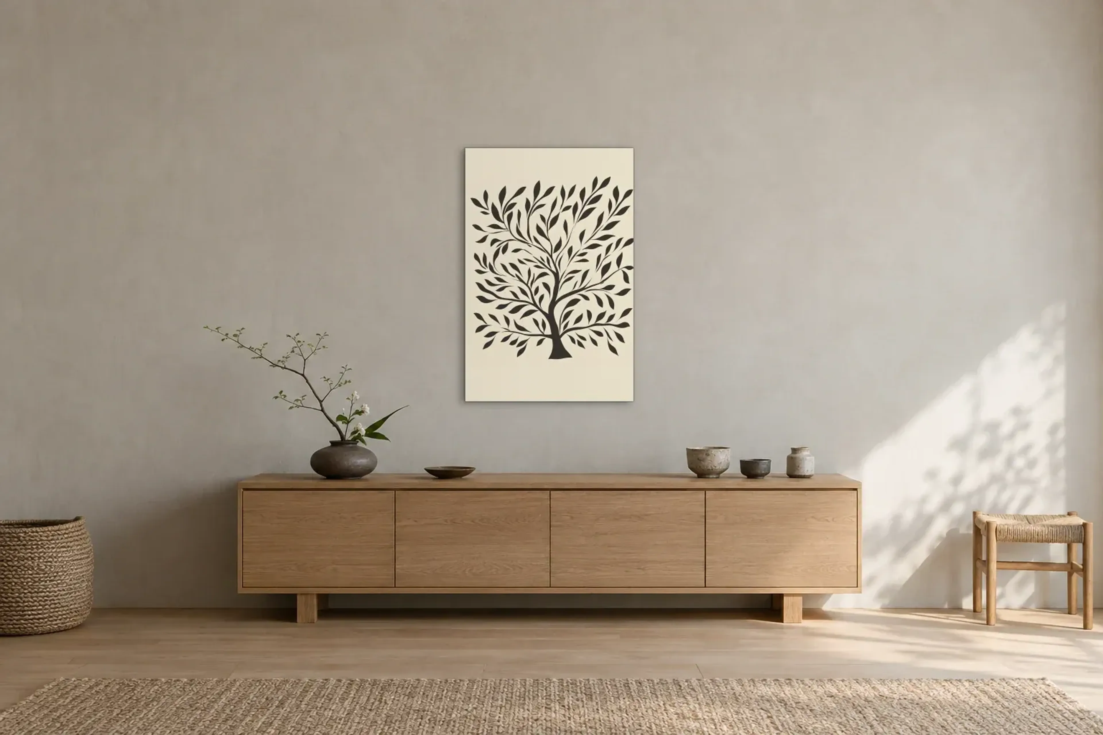 Baum in Silhouette als Wandbild über einem 180-cm-Sideboard