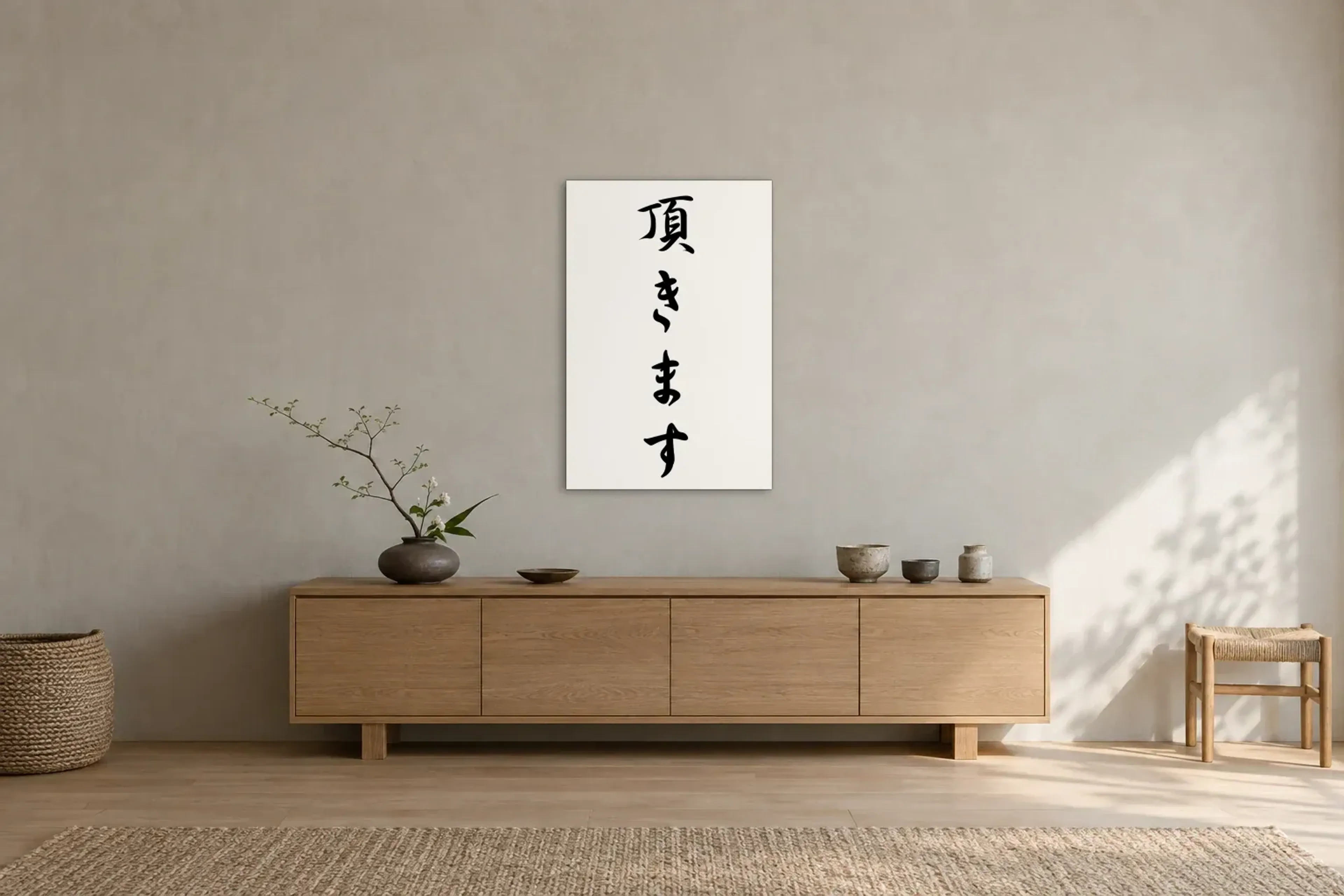 Schrift in ruhiger Folge als Wandbild über einem 180-cm-Sideboard