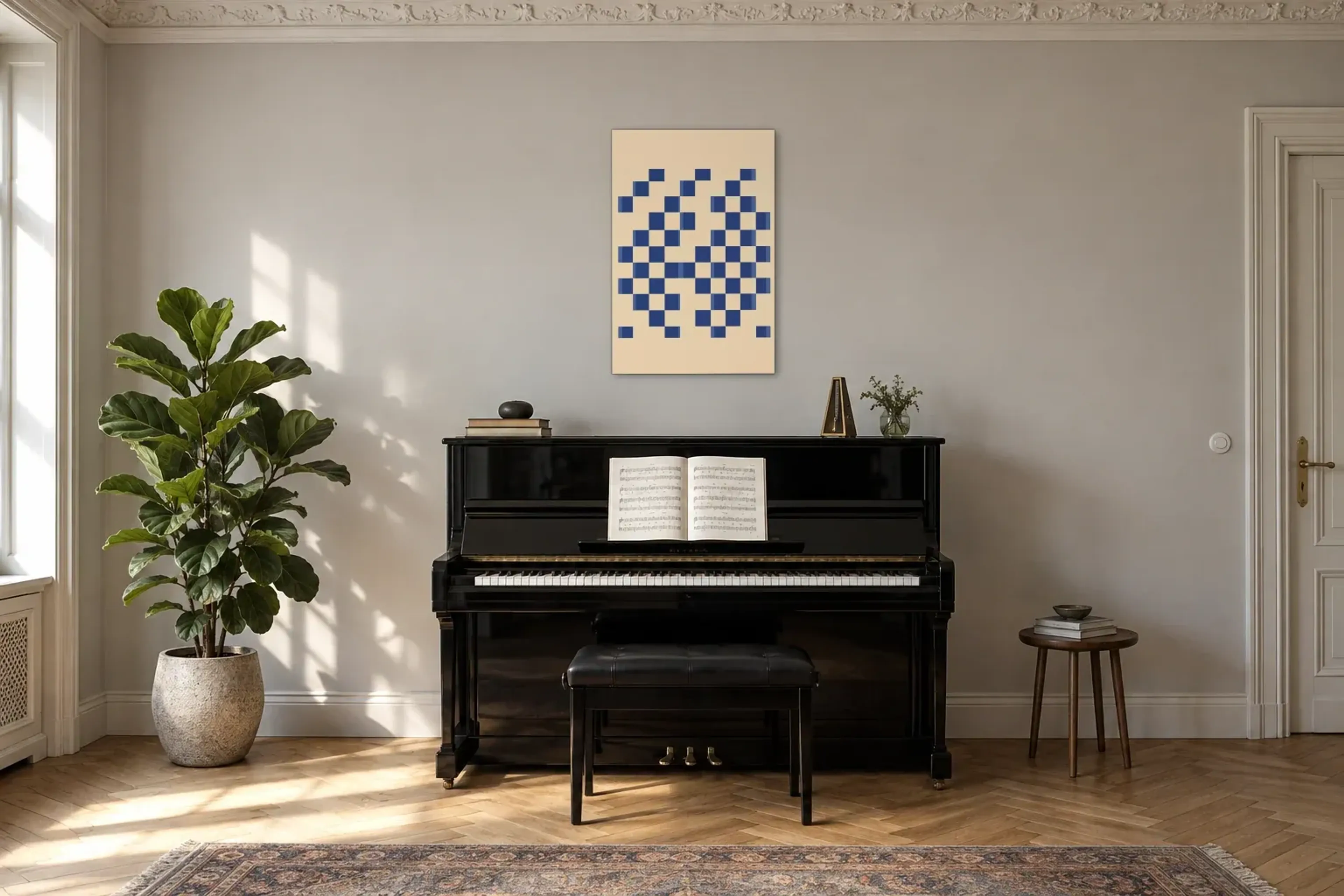 Blaue Quadrate im Rhythmus als Wandbild über einem 150-cm-Klavier