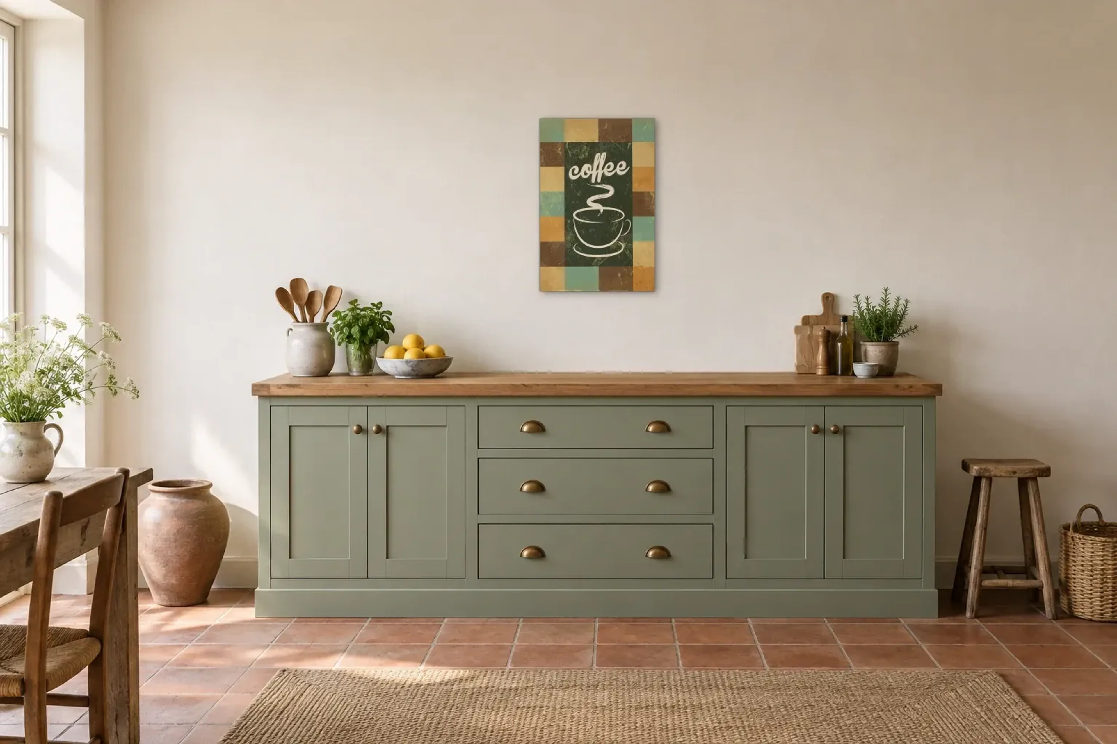 Kaffee Retro als Wandbild über einer 200-cm-Arbeitsplatte