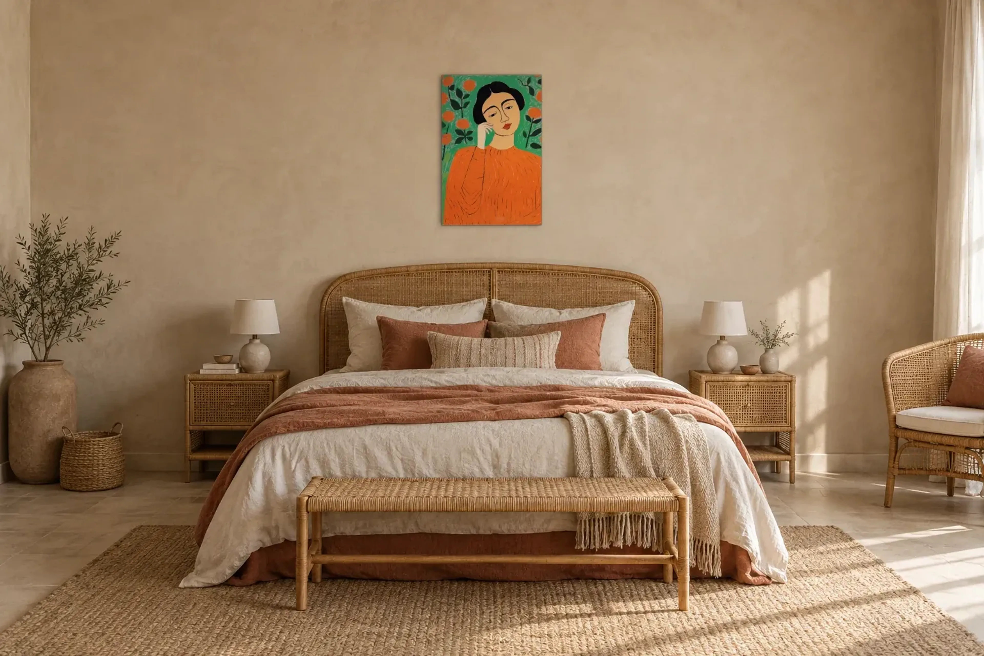 Frau in Orange als Wandbild über einem 180-cm-Bett