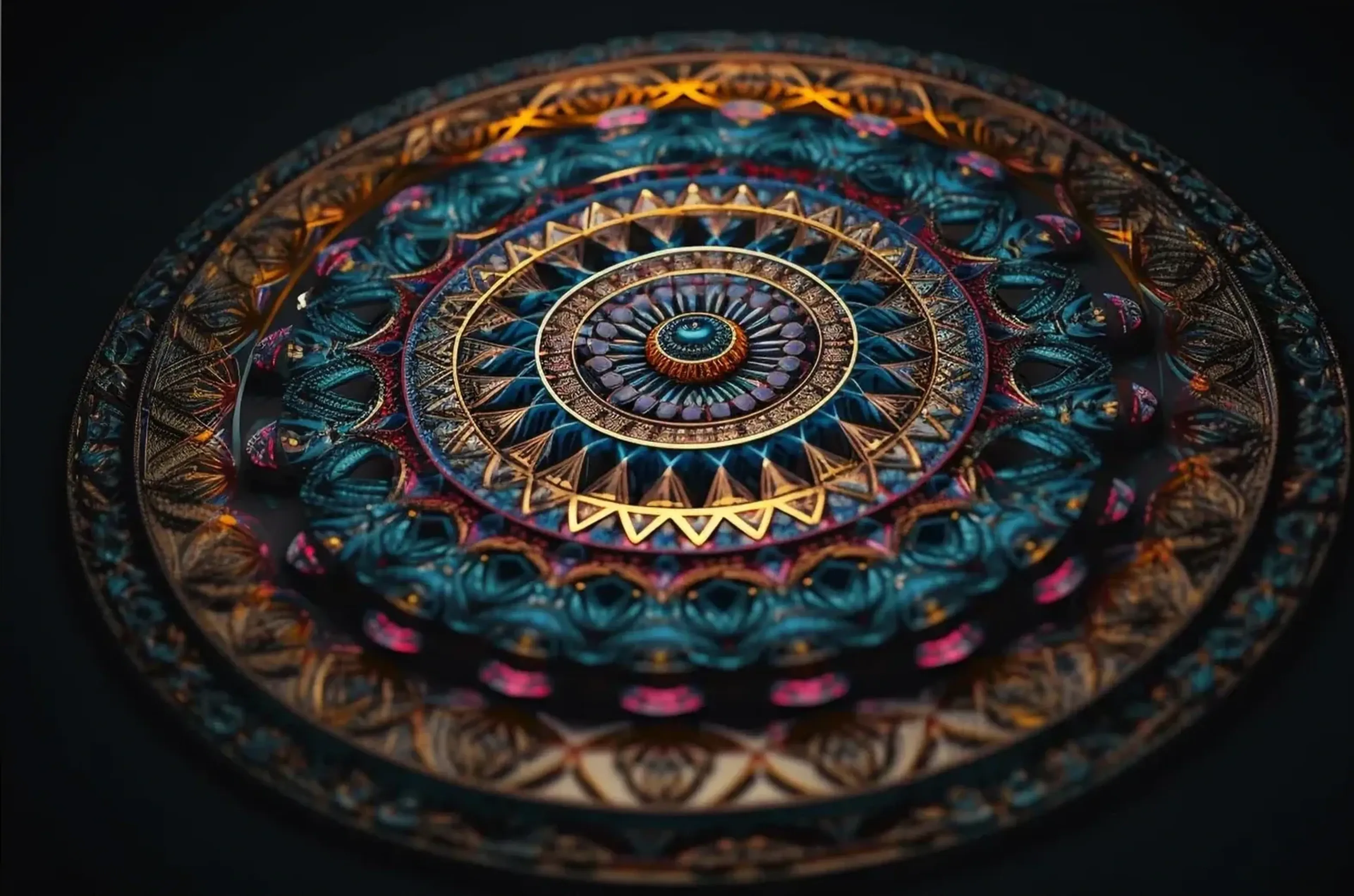 Schräg dargestelltes Mandala mit türkisfarbenen, goldfarbenen und pinken Ornamenten vor dunklem Hintergrund.