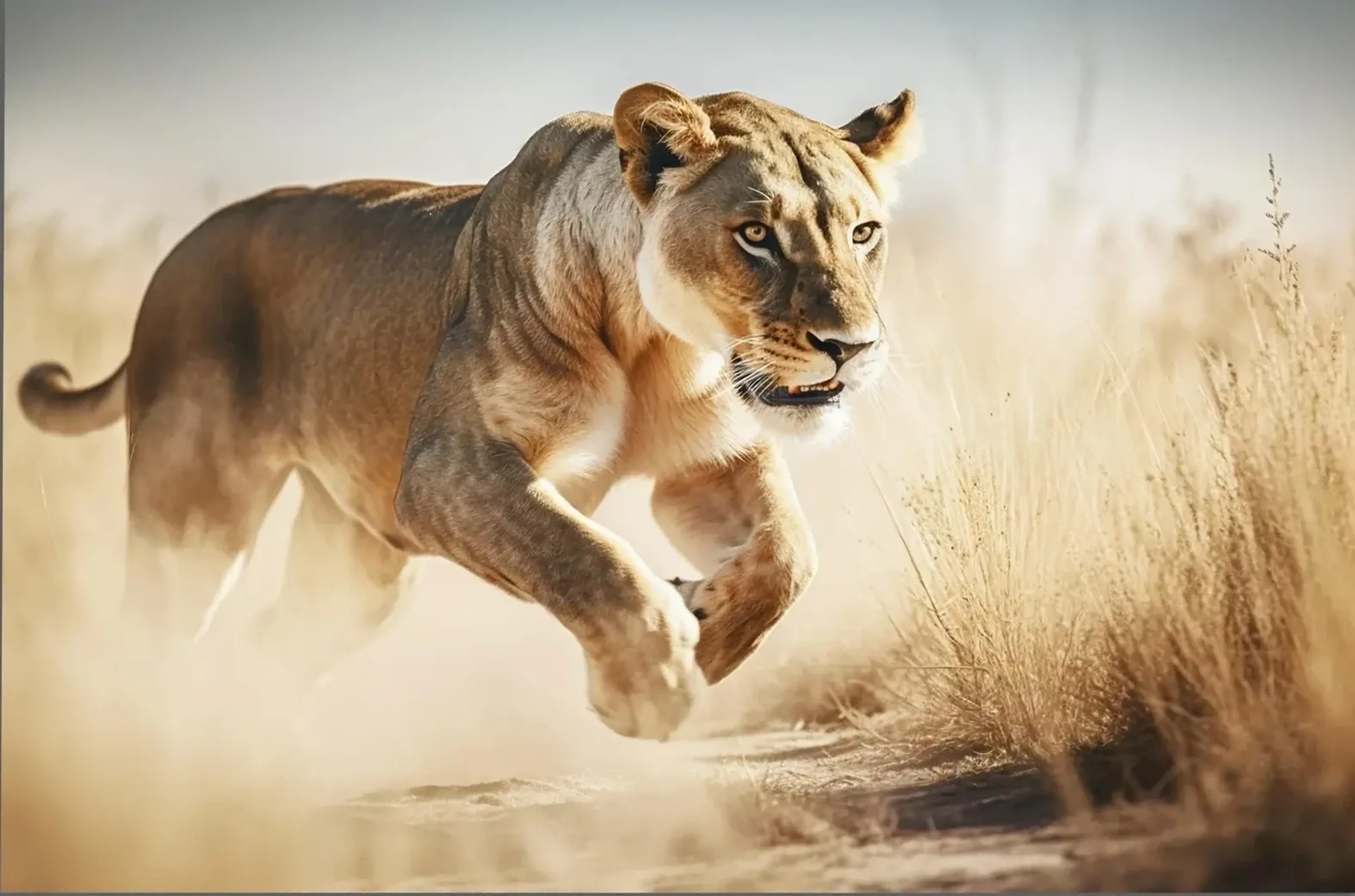 Eine Löwin springt mit angezogenen Vorderpfoten durch Staub neben trockenem Gras im warmen Licht.