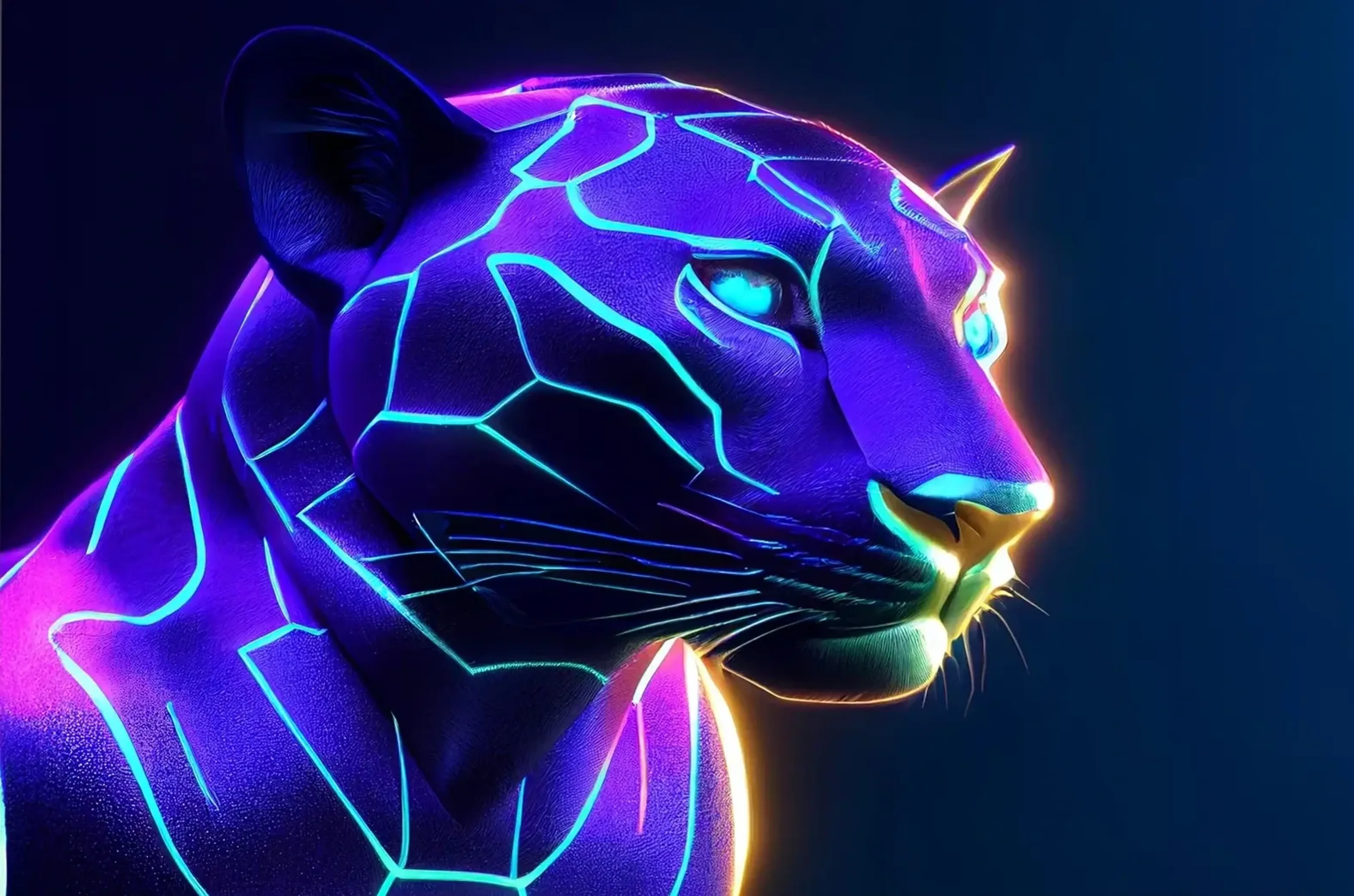 Pantherkopf in Violett mit türkisfarbenen Leuchtlinien und hellen Augen vor dunkelblauem Hintergrund.