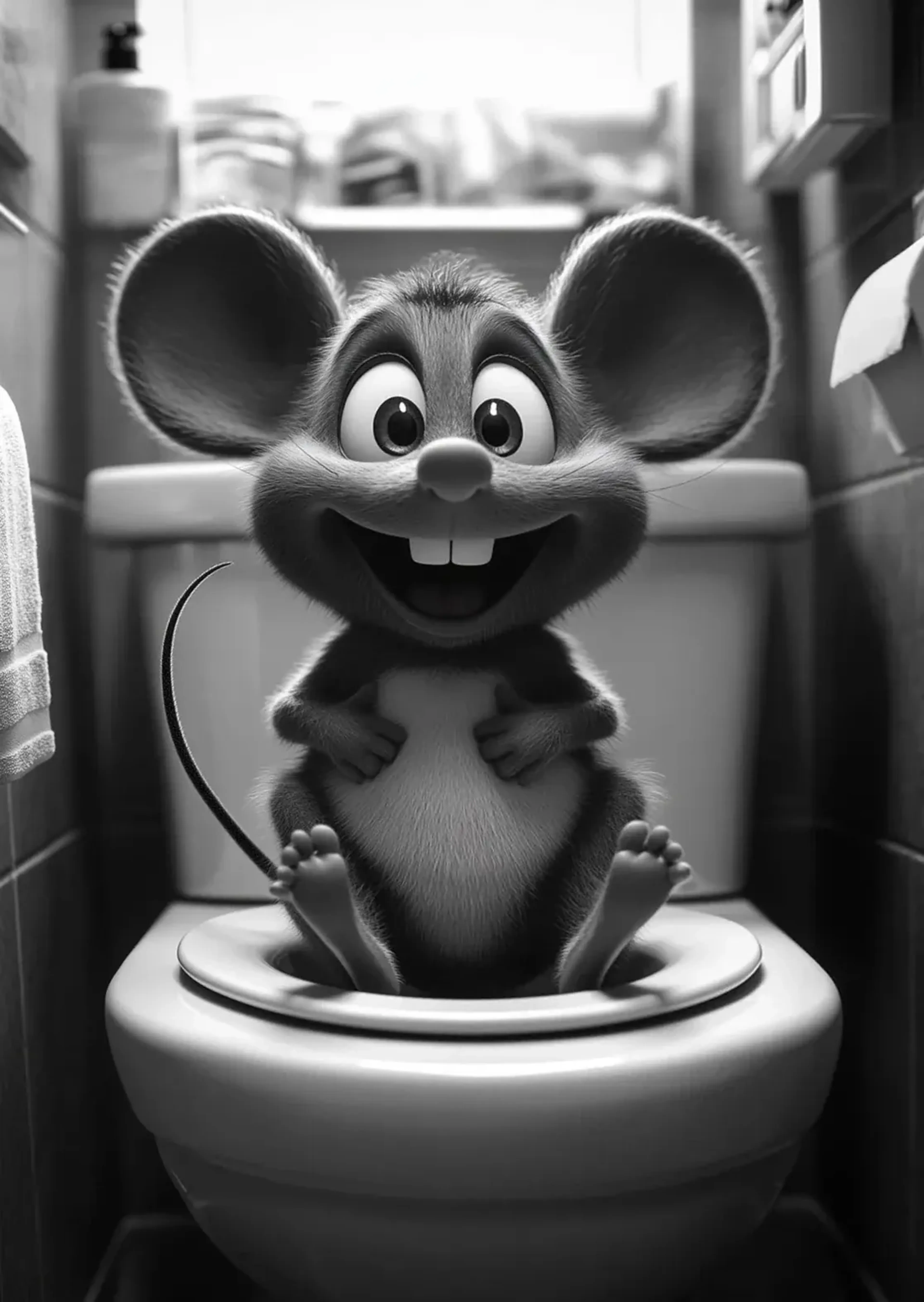 Eine lächelnde Maus mit großen runden Ohren und zwei Vorderzähnen sitzt auf einer Toilettenbrille.