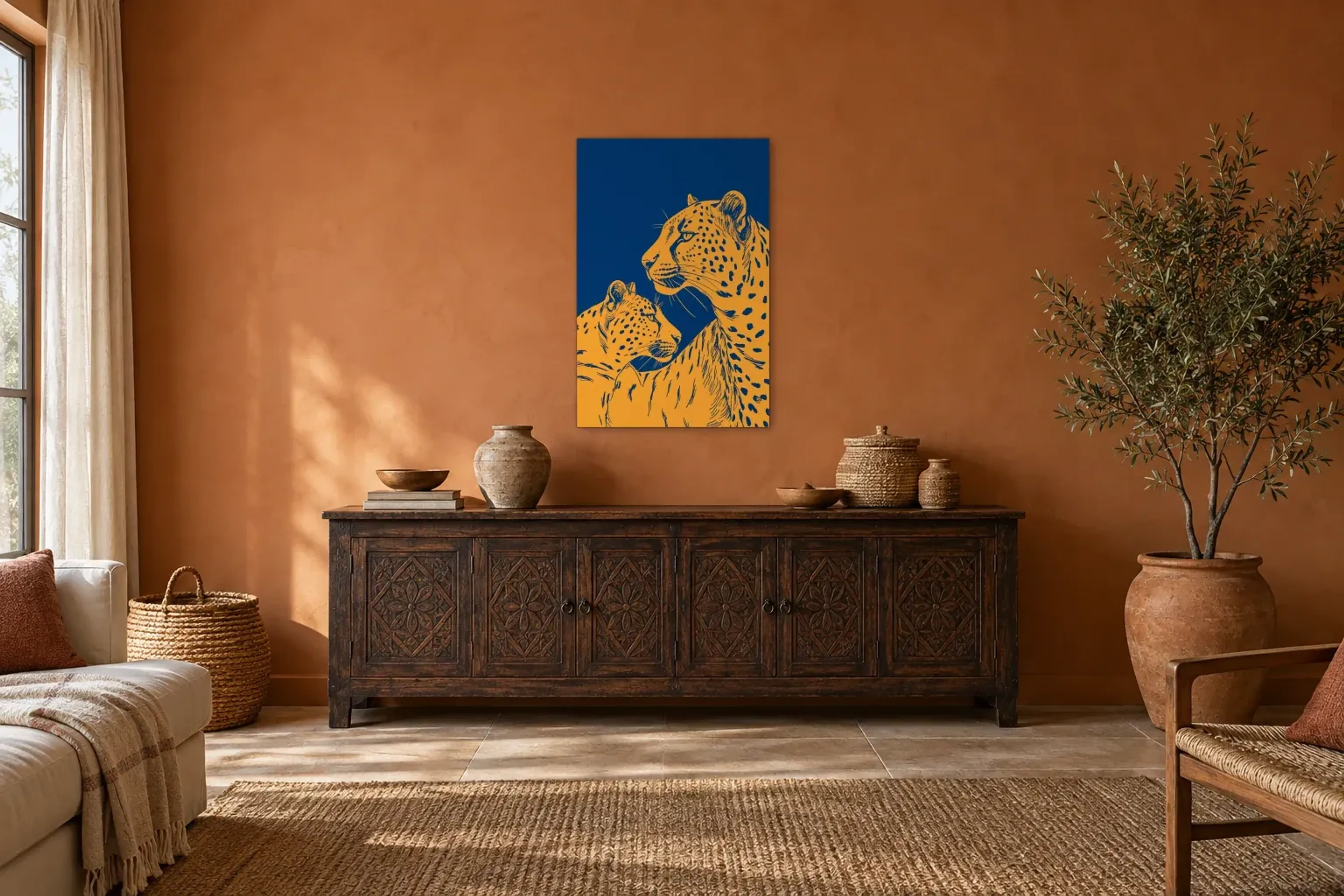 Geparden auf Blau als Wandbild über einem 180-cm-Sideboard