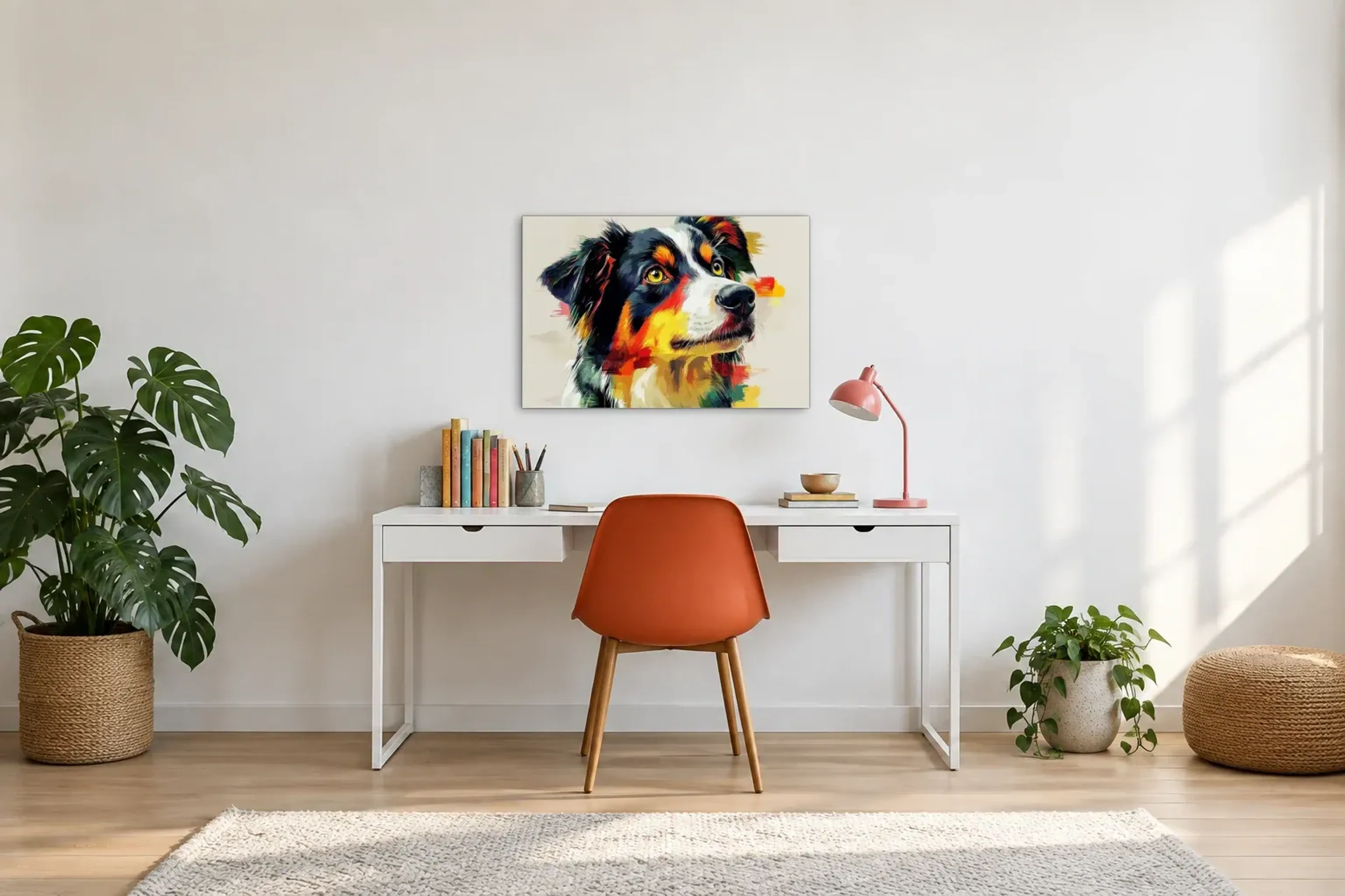 Australian Shepherd im Seitenblick als Wandbild über einem 140-cm-Schreibtisch