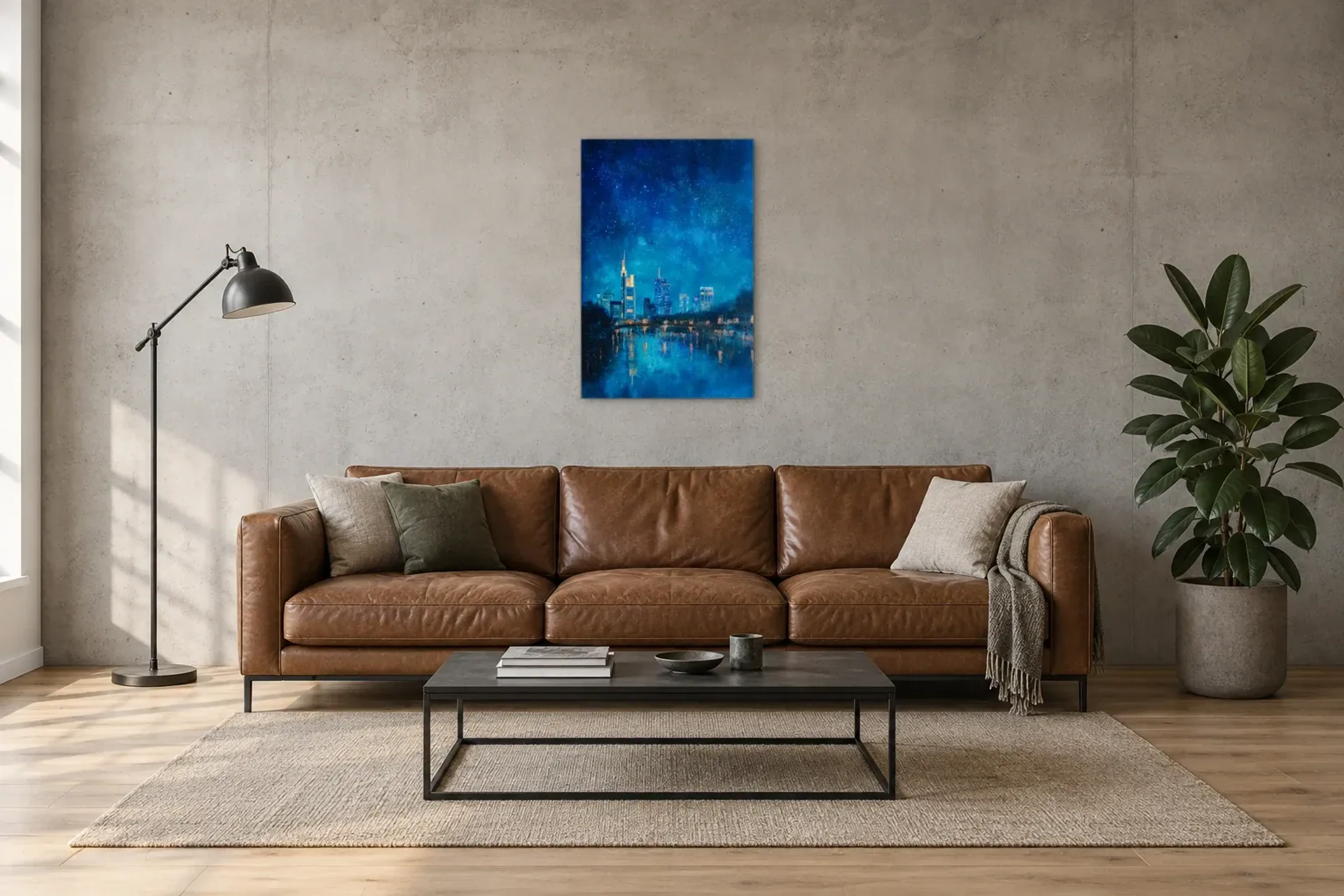 Frankfurt in leuchtendem Blau als Wandbild über einem 220-cm-Sofa