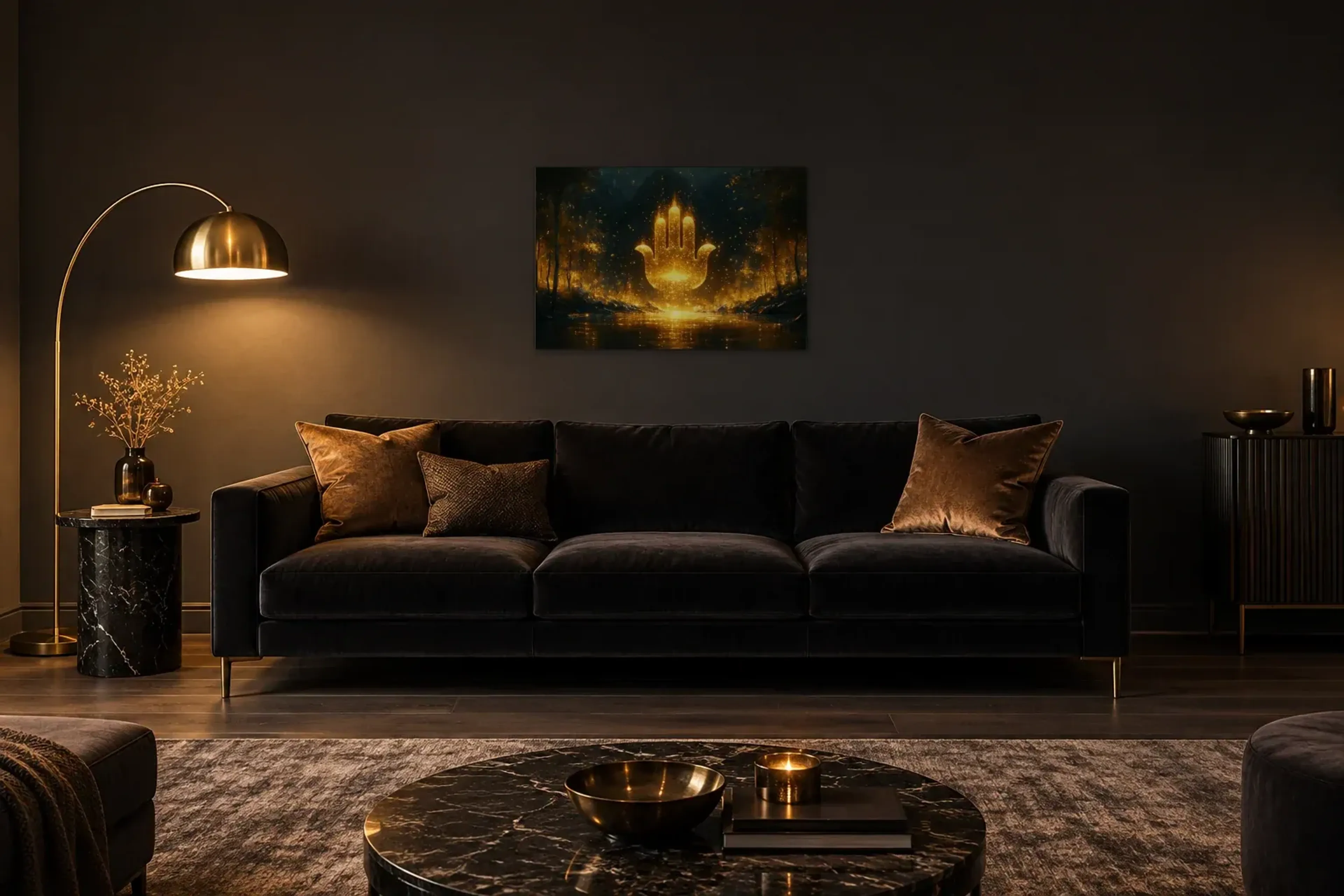 Hand des Lichts als Wandbild über einem 220-cm-Sofa