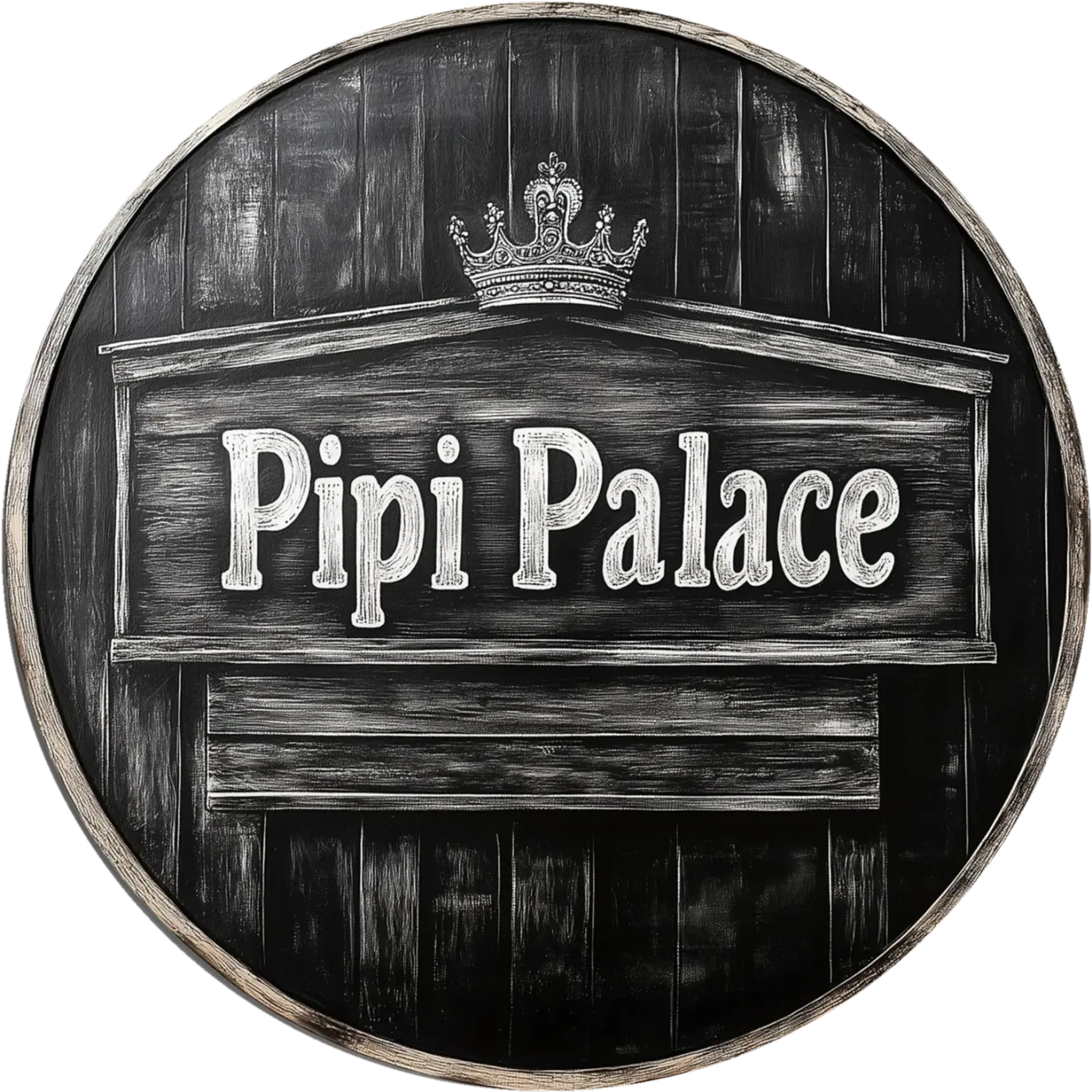 Schriftzug „Pipi Palace“ auf einem Schild mit Krone vor dunkler Bretteroptik, umgeben von einem hellen Rand.
