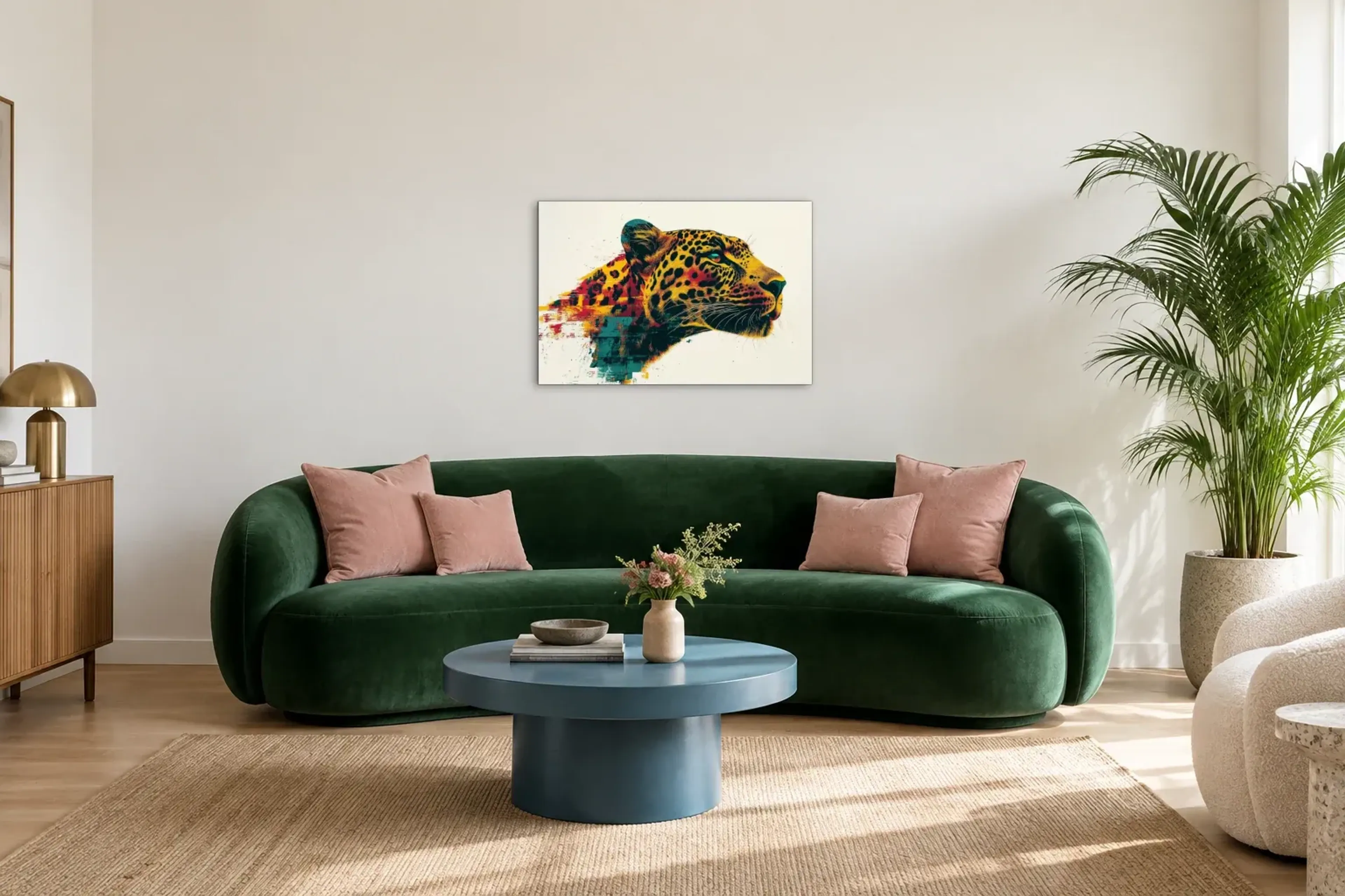 Leopard auf hellem Grund als Wandbild über einem 220-cm-Sofa