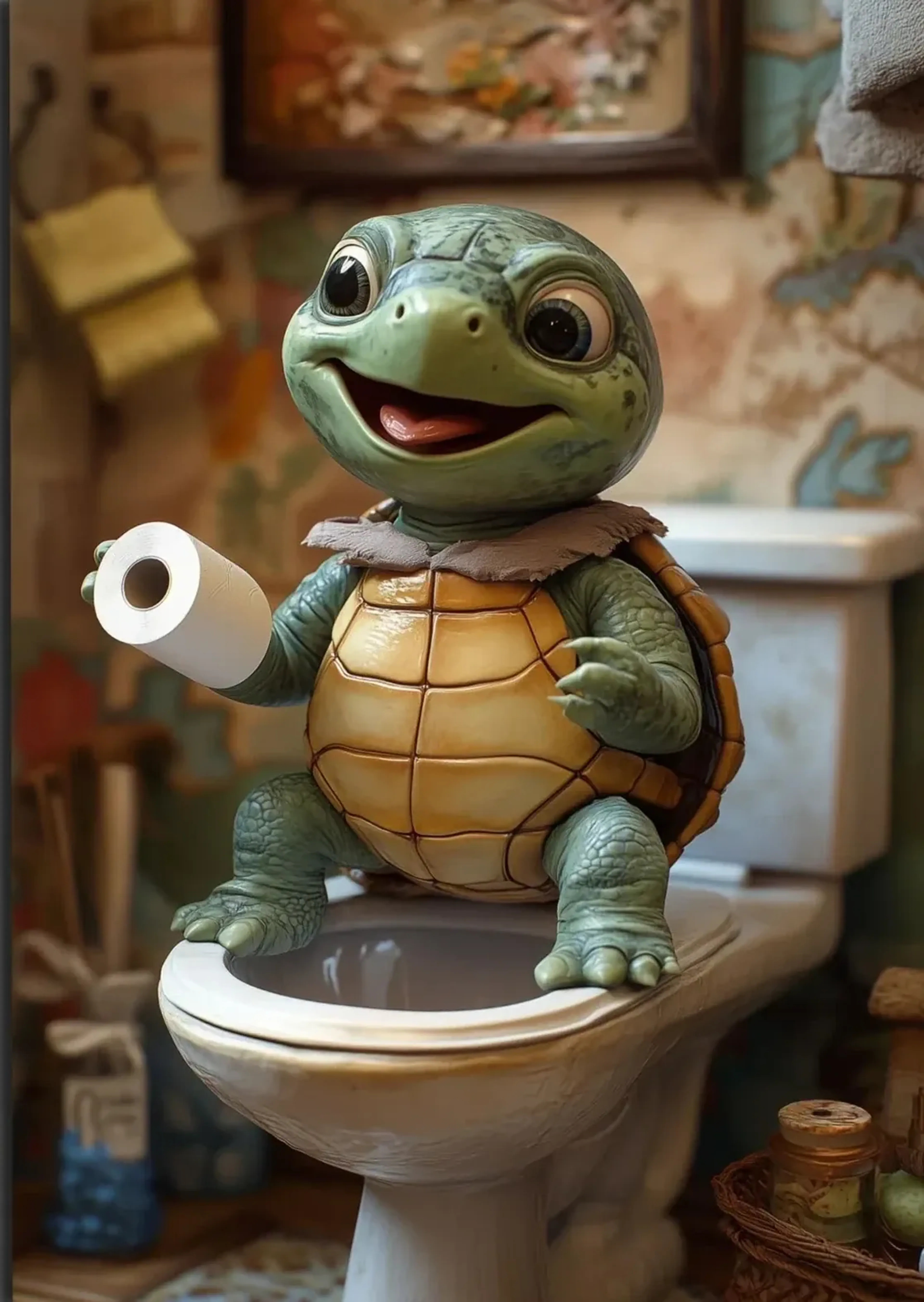 Schildkröte mit Papierrolle – Motiv als Wandbild auf Holz