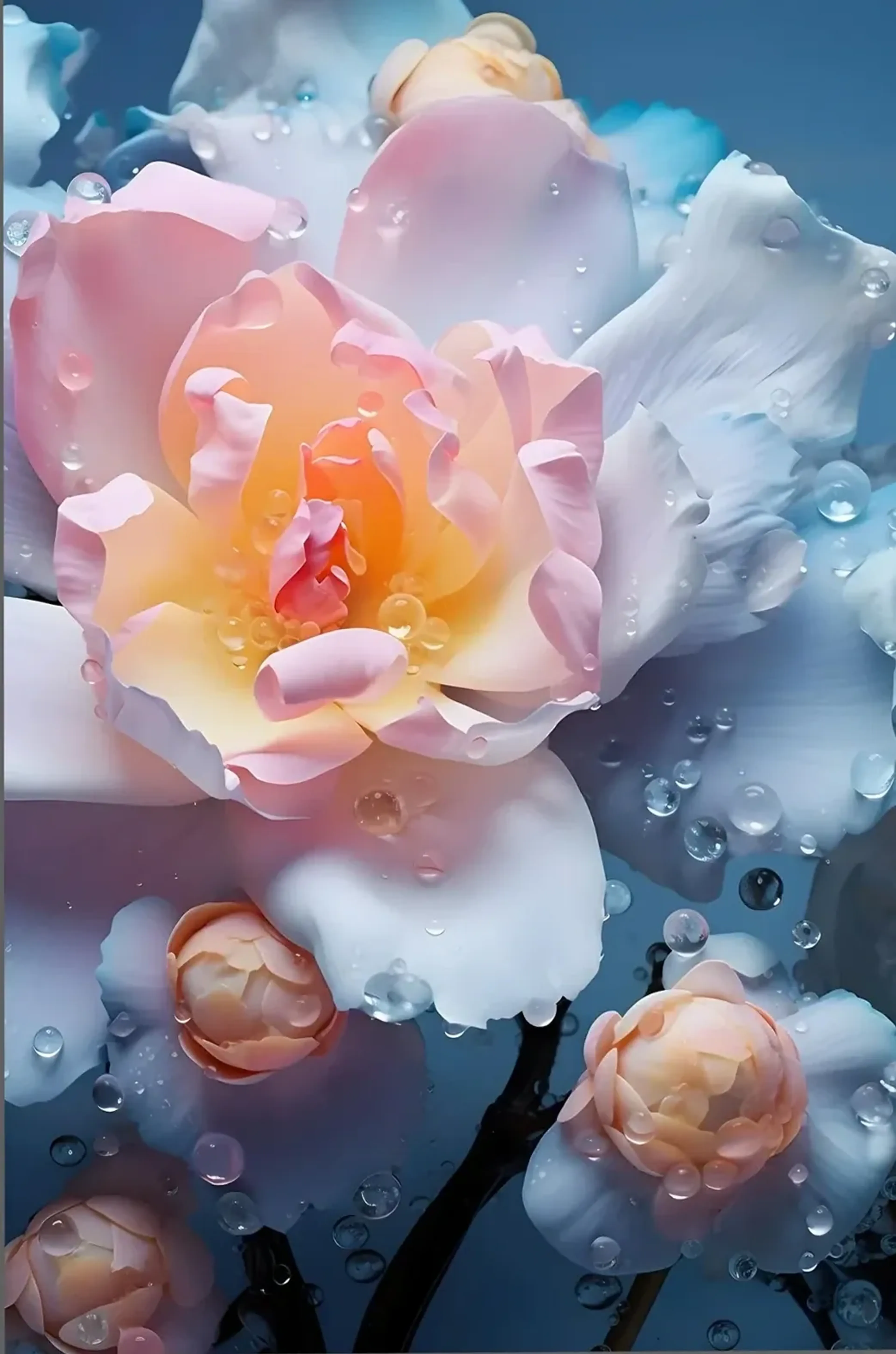 Große Blüte in Rosa, Apricot und Hellblau mit glänzenden Wassertropfen und rundlichen Knospen.