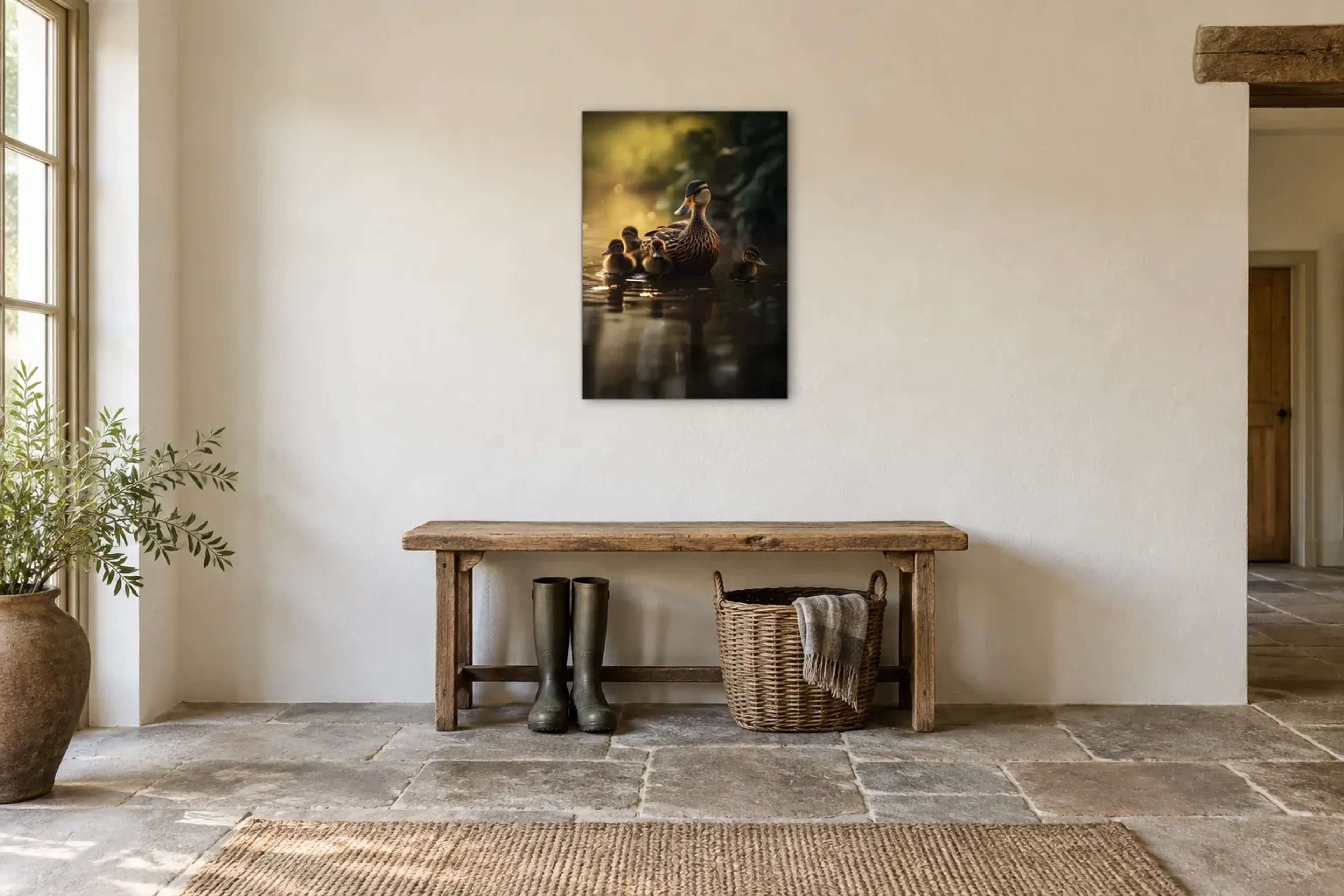 Ente mit Küken als Wandbild über einer 120-cm-Bank