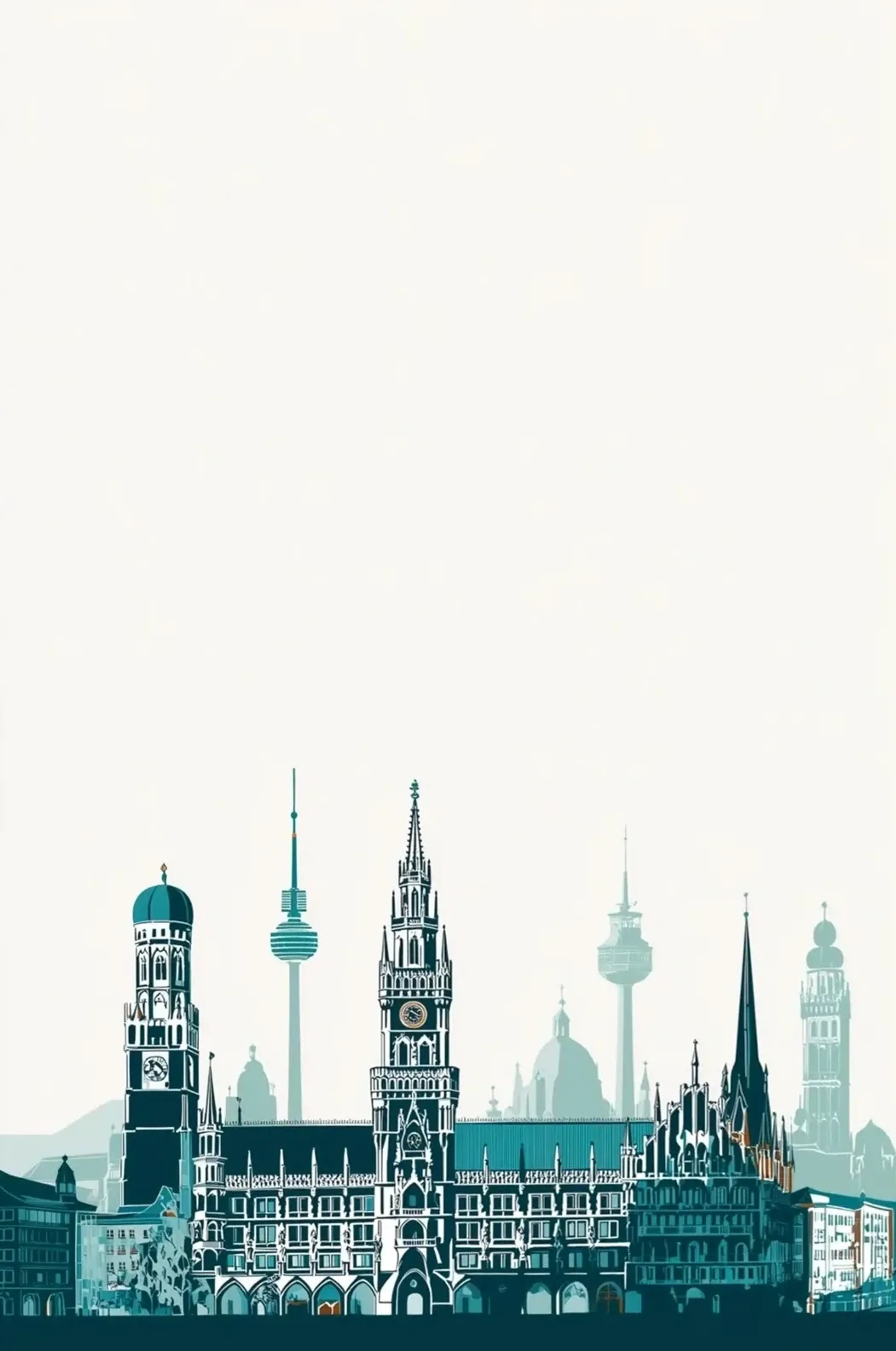 Münchner Rathaus und weitere Stadttürme in Petrol und Türkis unter einer großen cremefarbenen Fläche.