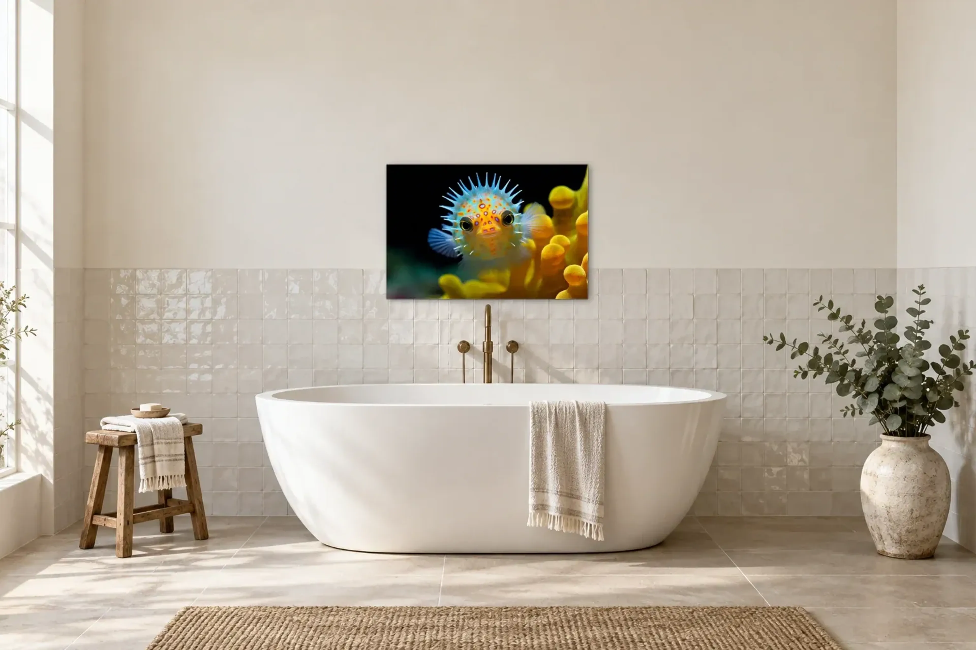 Gelber Kugelfisch als Wandbild über einer 170-cm-Badewanne