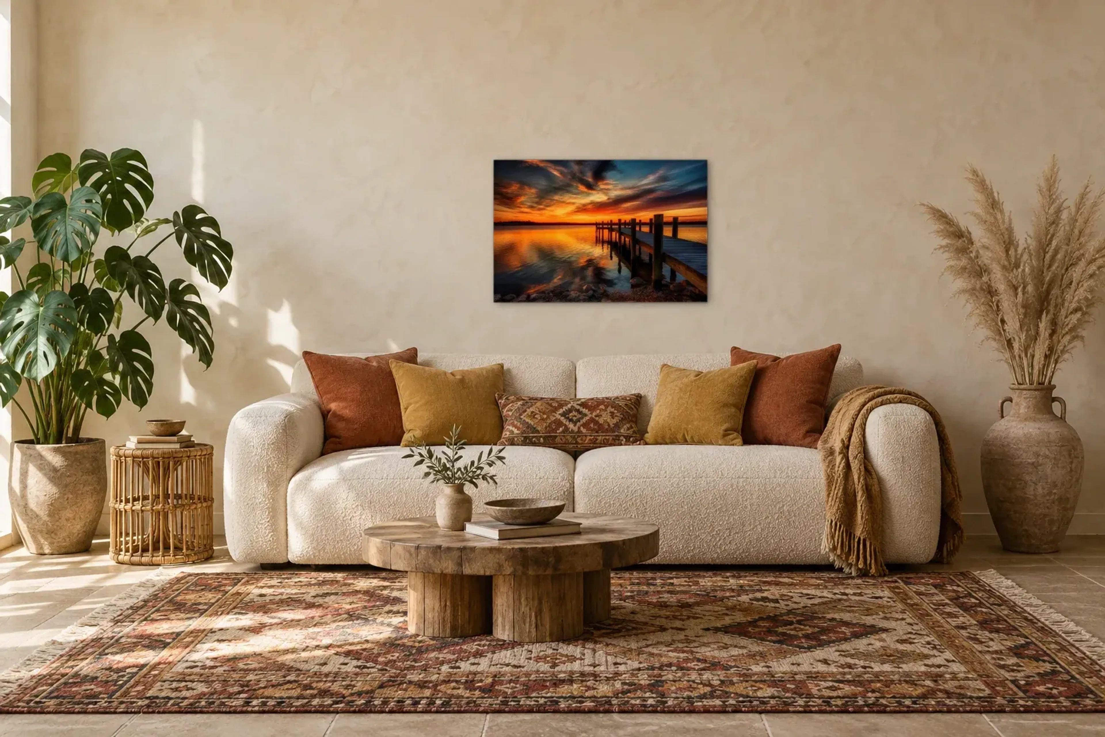 Steg unter Abendwolken als Wandbild über einem 220-cm-Sofa
