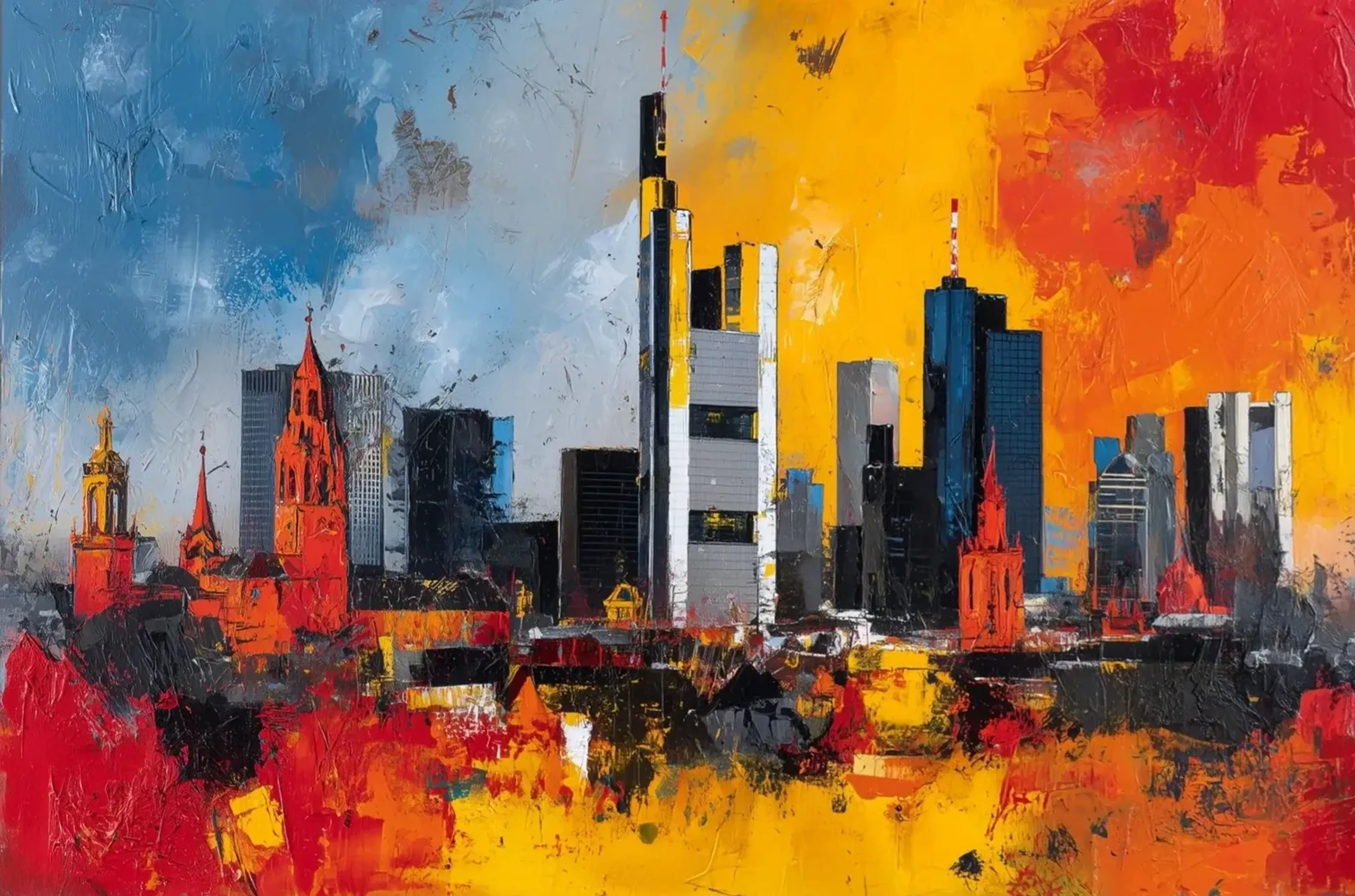 Frankfurter Hochhäuser und rote Kirchtürme vor blauen, goldgelben und orangefarbenen Flächen mit grober Farbstruktur.