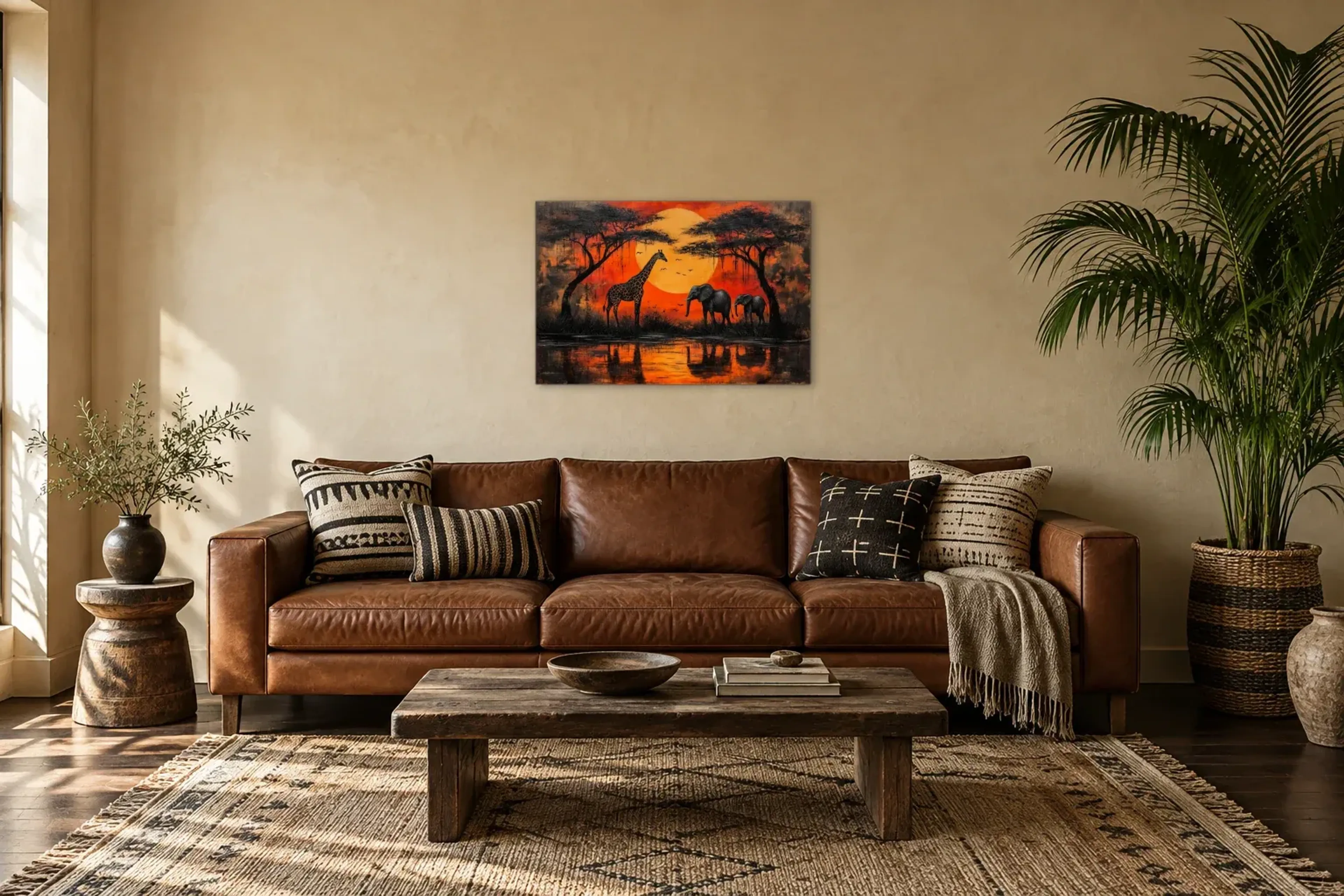 Sonnenruhe am Ufer als Wandbild über einem 220-cm-Sofa