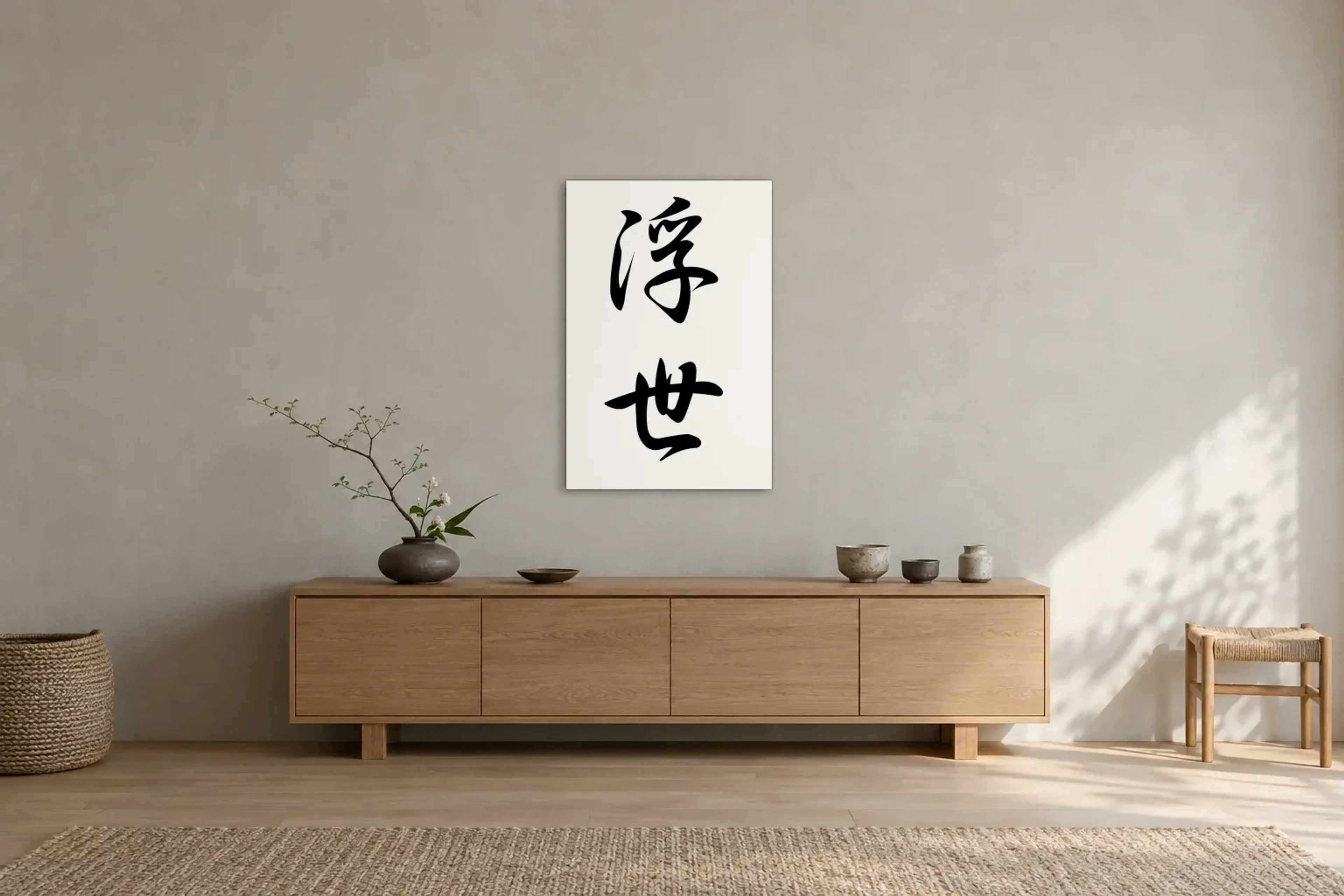 Ukiyo in Schwarz-Weiß als Wandbild über einem 180-cm-Sideboard