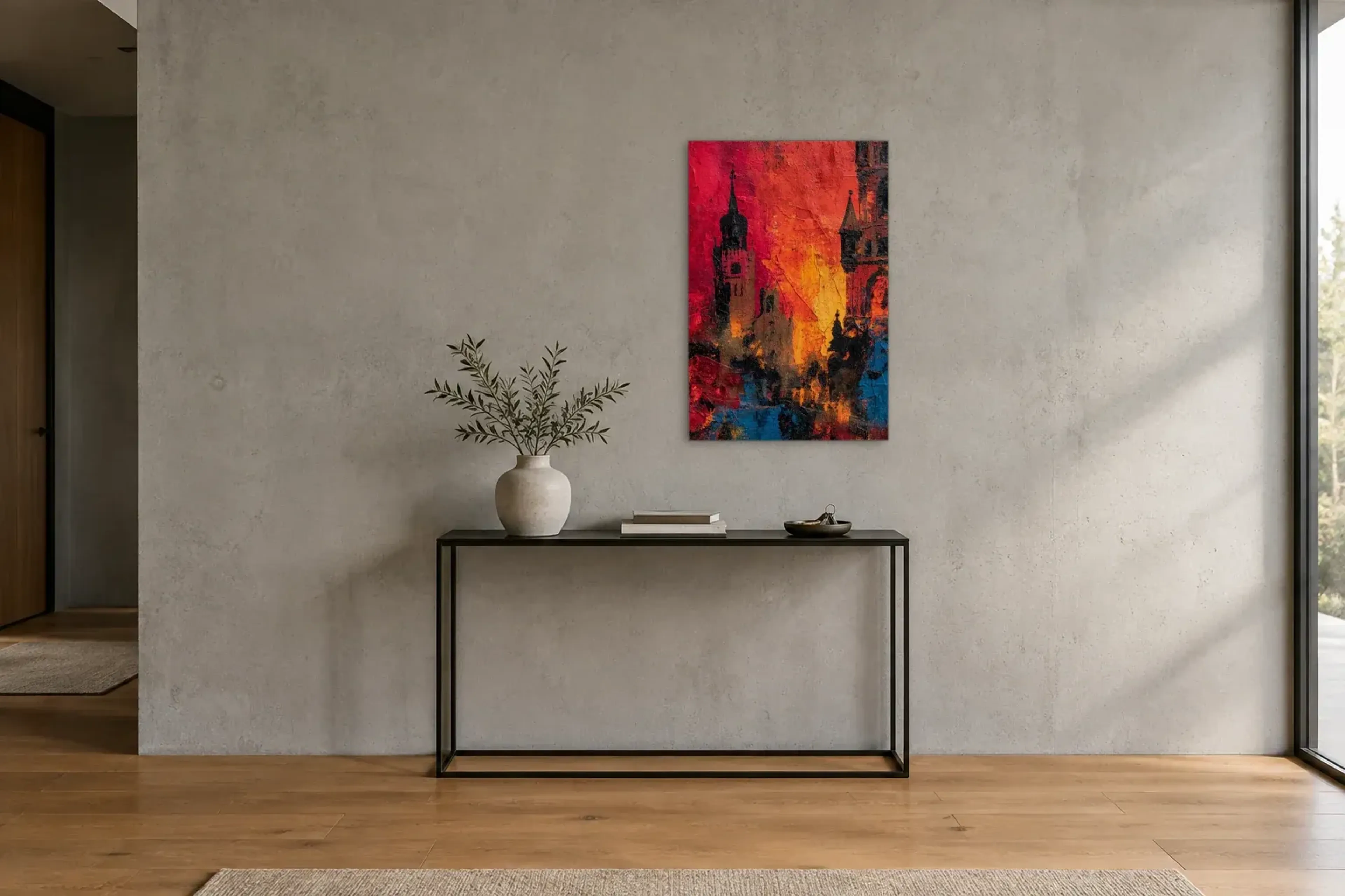 Türme in Rot und Blau als Wandbild über einer 120-cm-Konsole