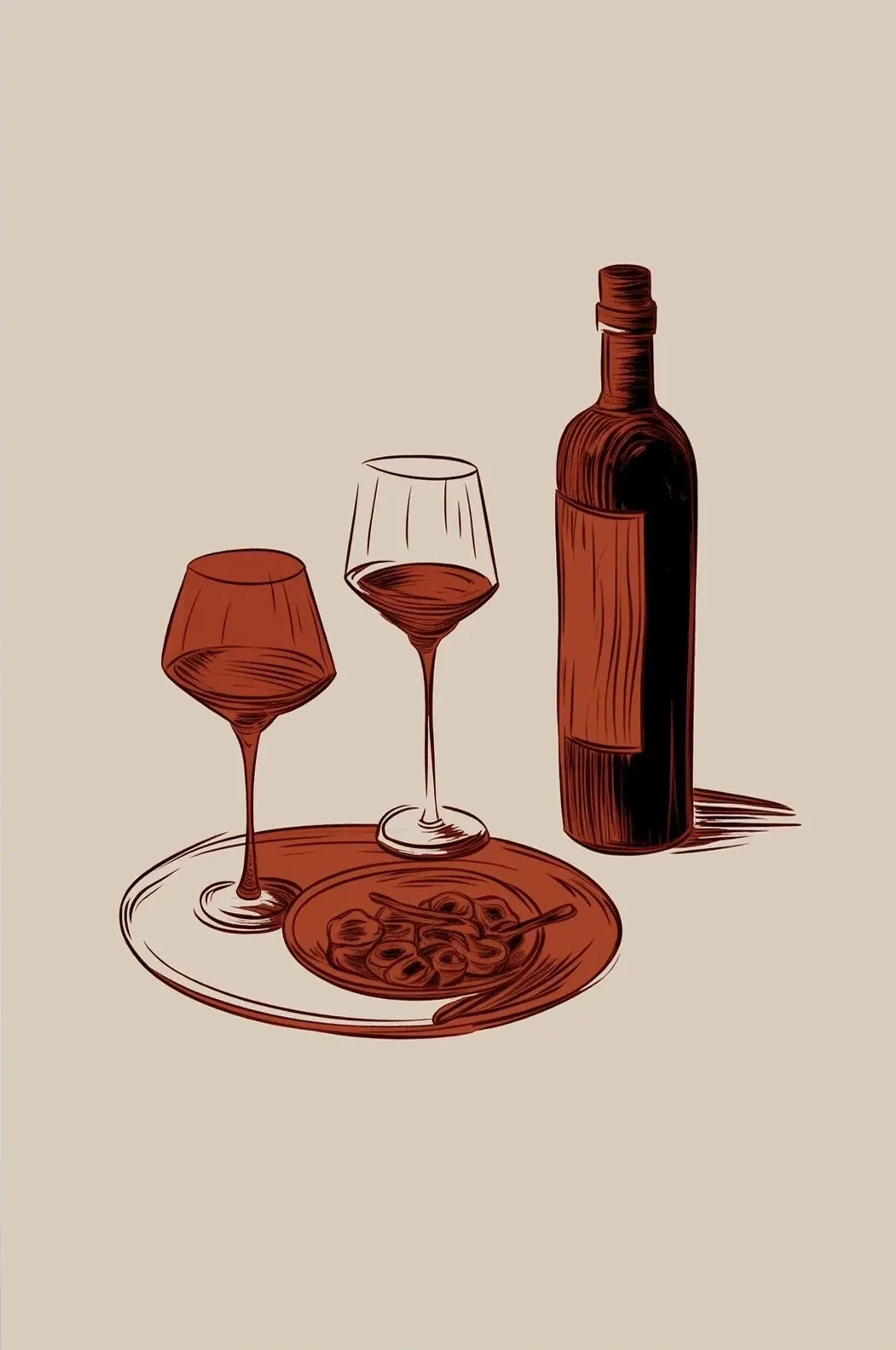 Wein und Pasta – Motiv als Wandbild auf Holz