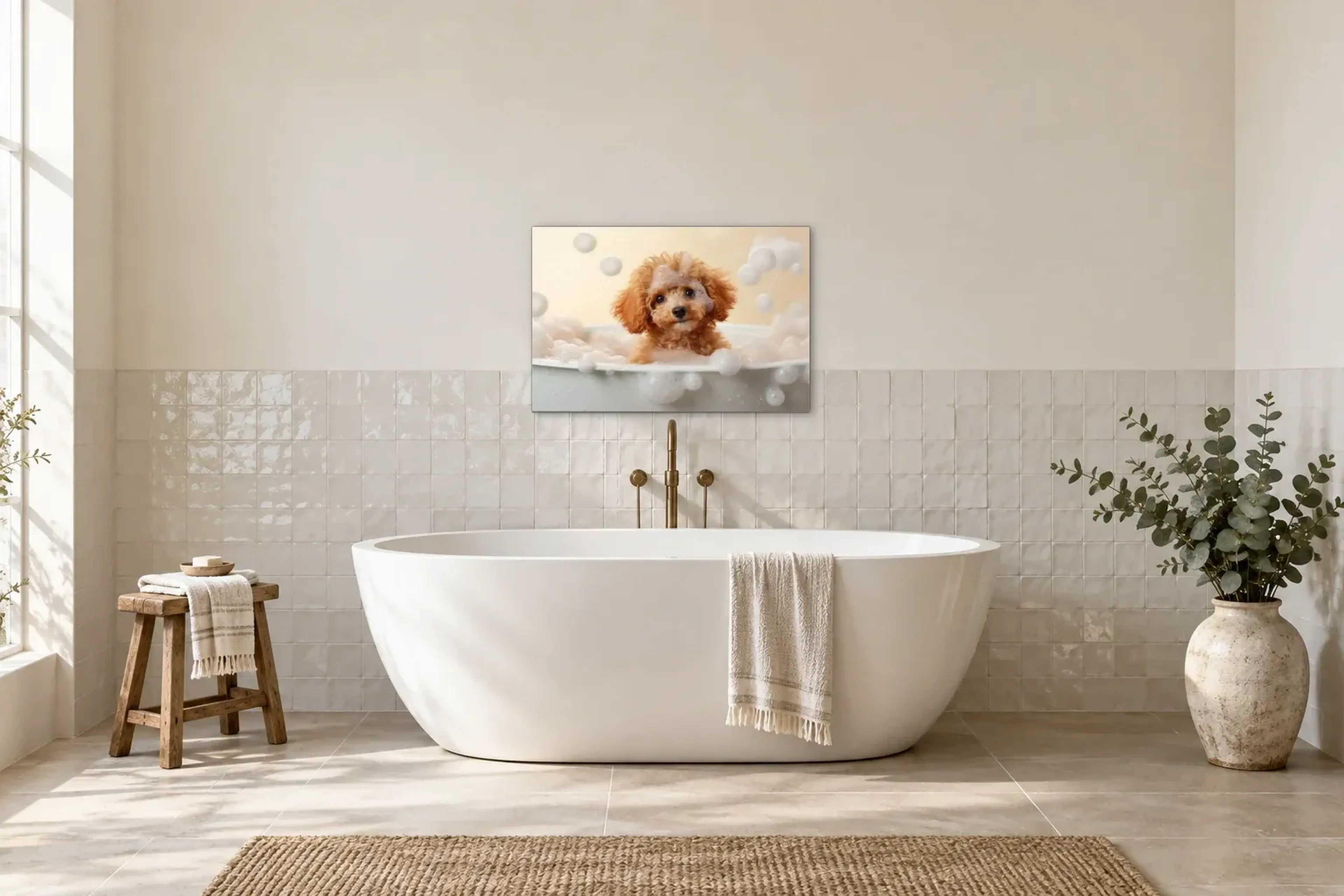 Pudel mit Schaumhaube als Wandbild über einer 170-cm-Badewanne
