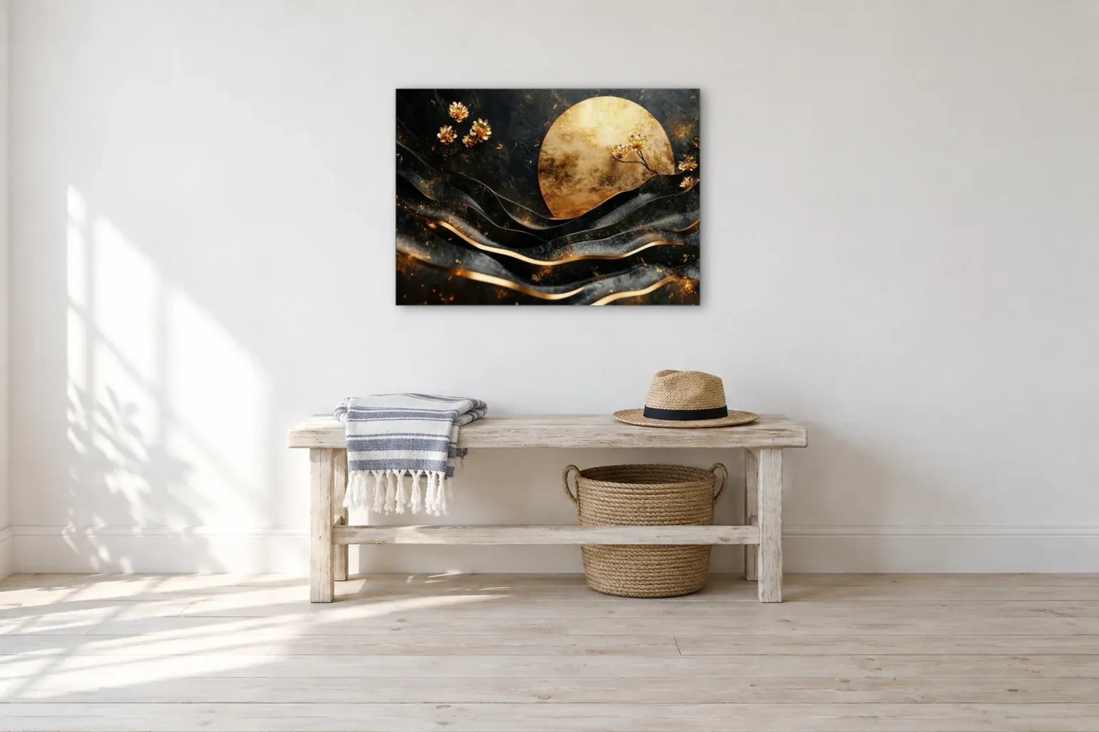 Abstrakte Wellen als Wandbild über einer 100-cm-Bank