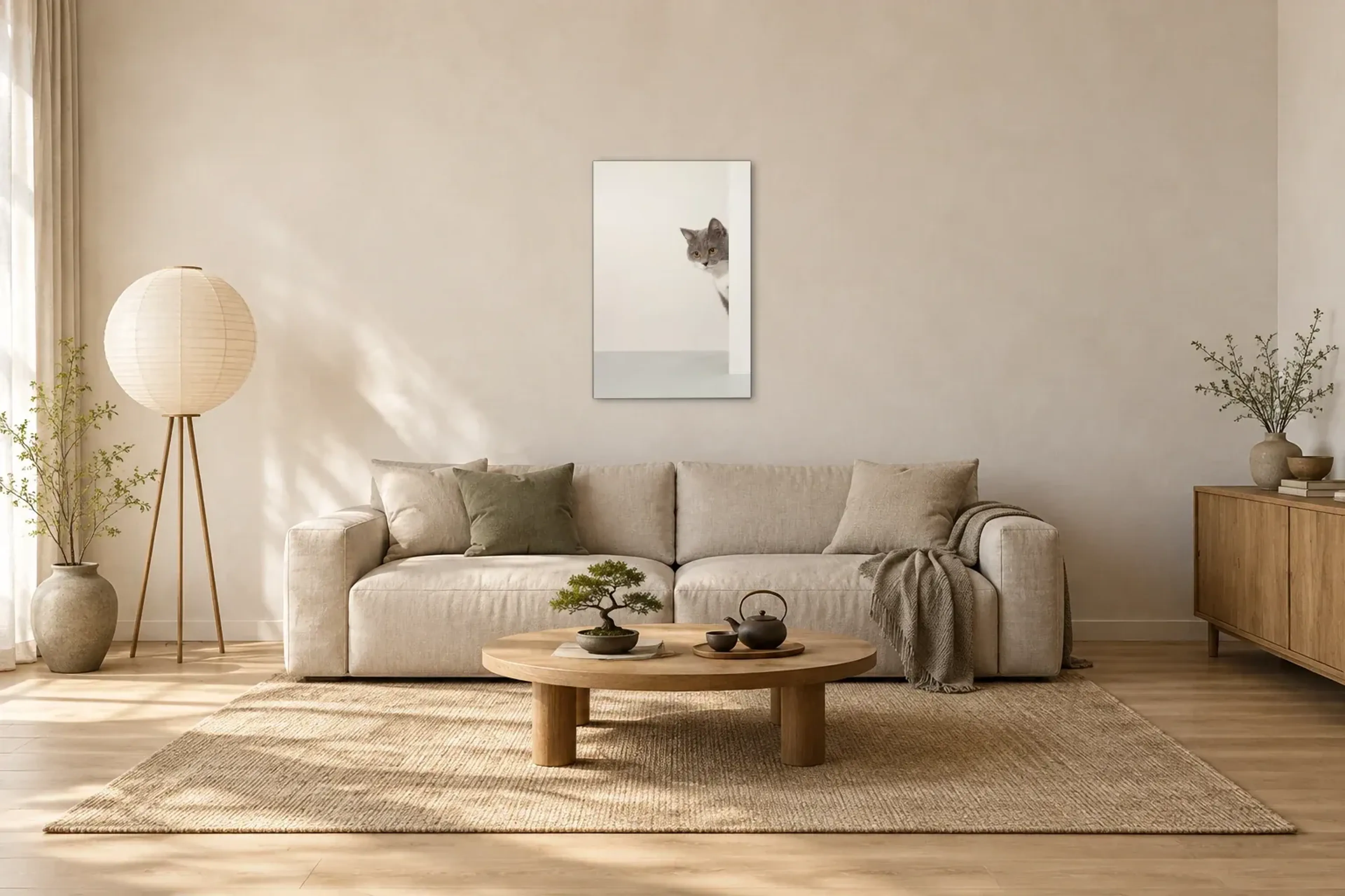 Graue Katze hinter Wand als Wandbild über einem 220-cm-Sofa