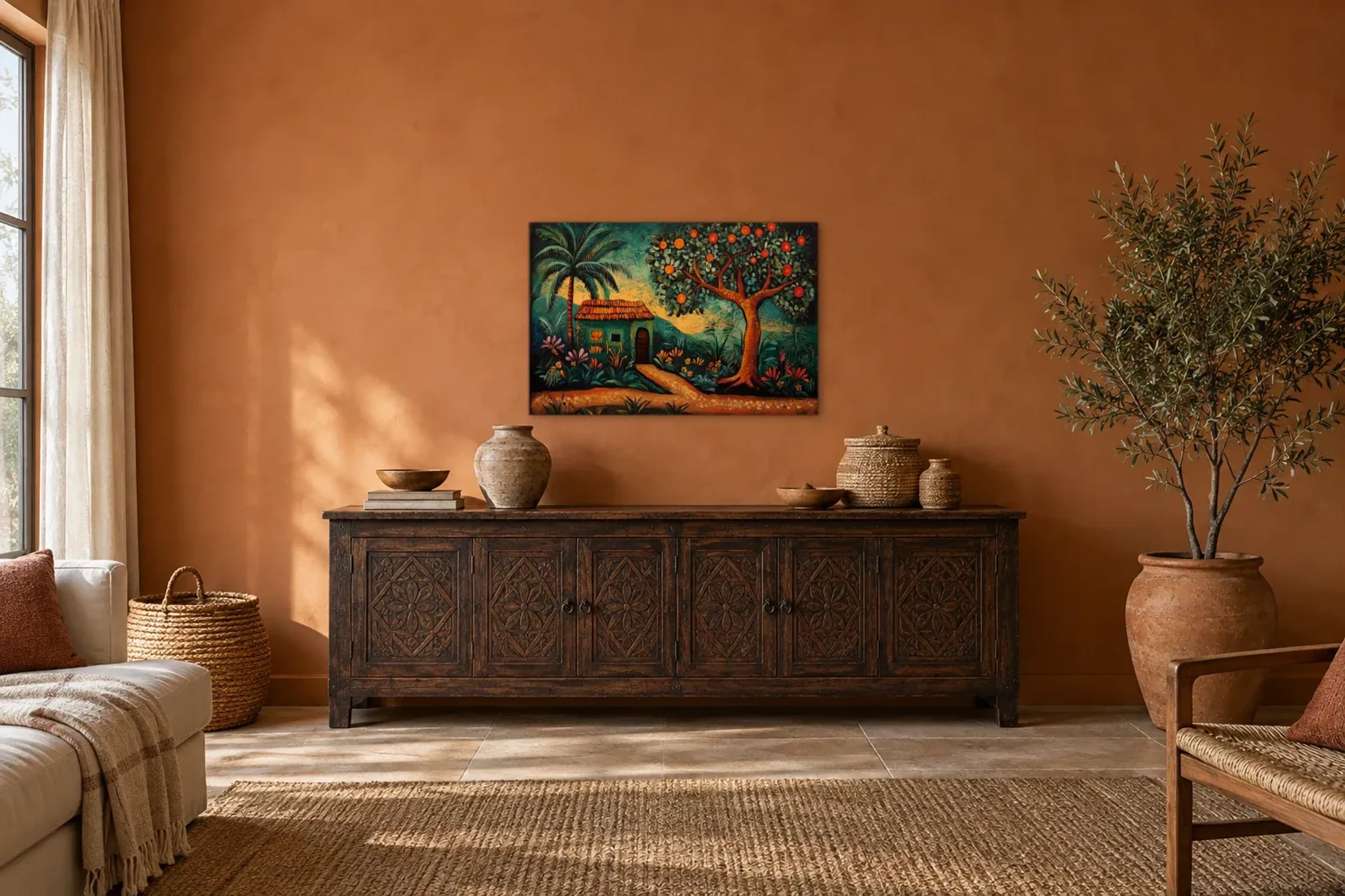 Dorfleben als Wandbild über einem 180-cm-Sideboard