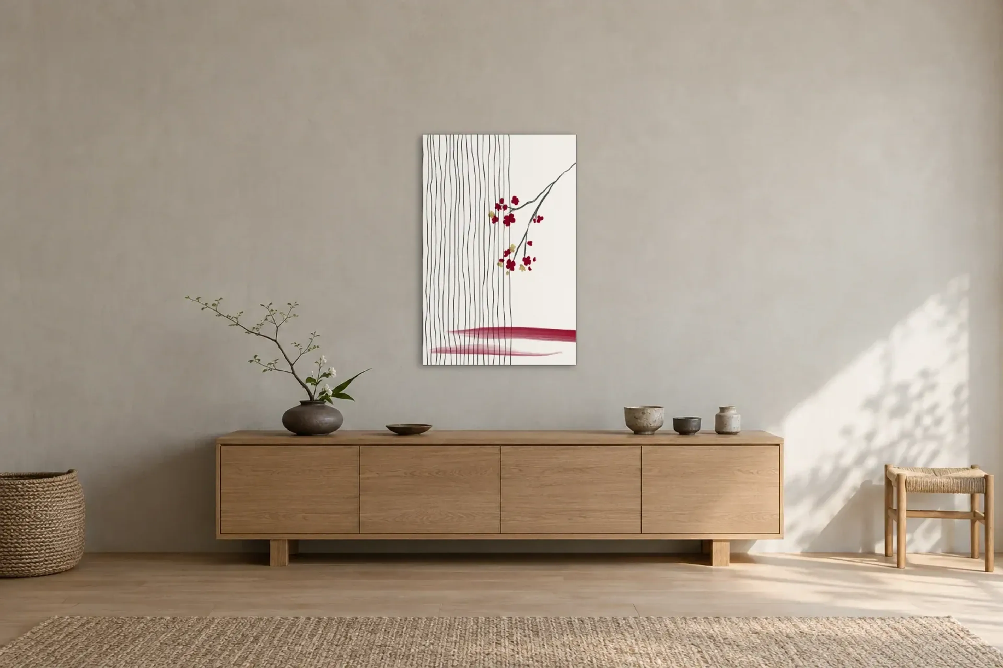 Blüten zwischen Linien als Wandbild über einem 180-cm-Sideboard