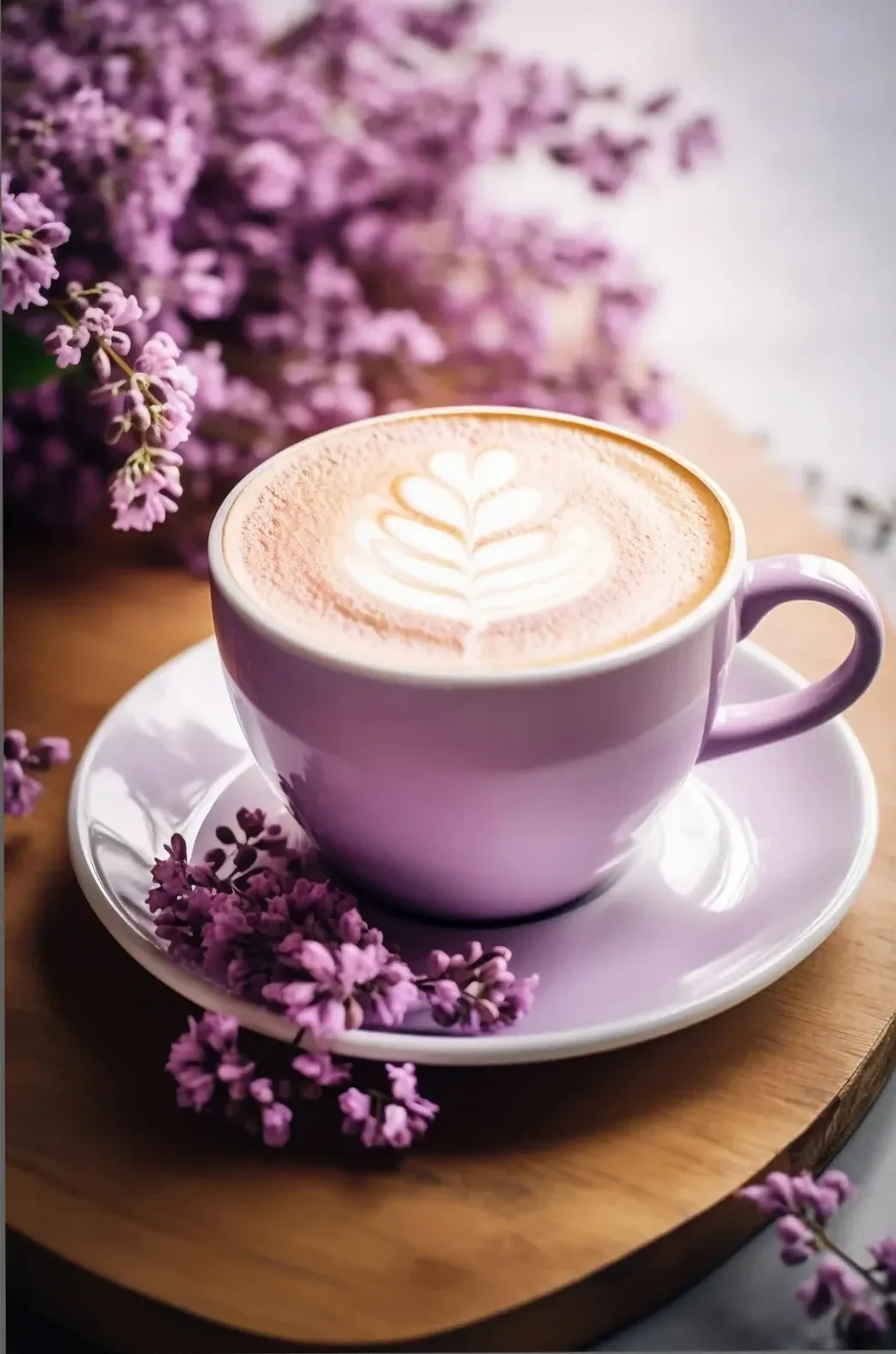 Lilafarbene Kaffeetasse mit weißem Blattmuster im Milchschaum, umgeben von violetten Blüten.