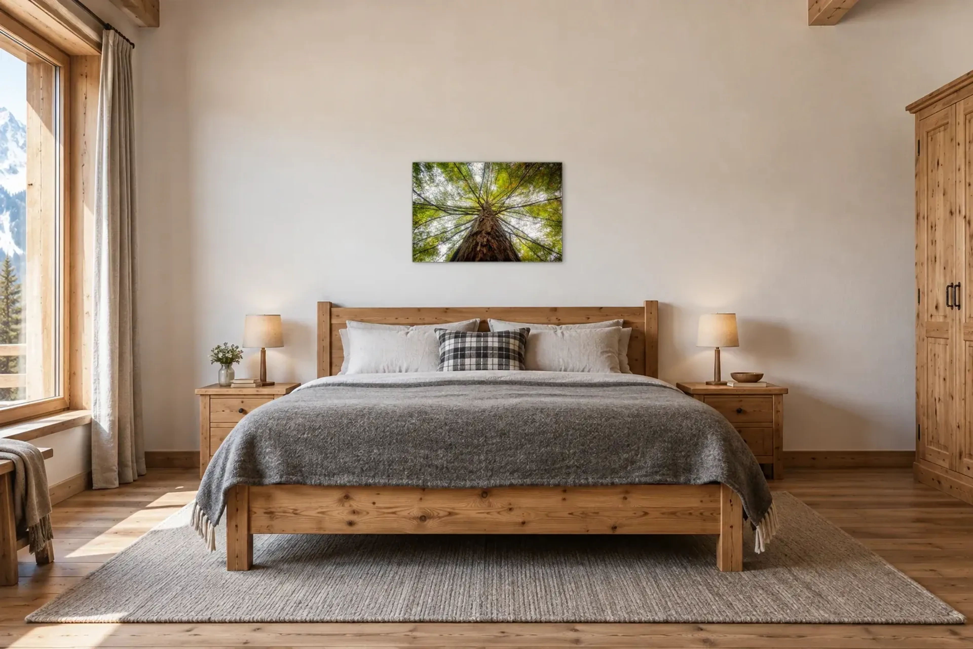 Baum von unten als Wandbild über einem 180-cm-Bett