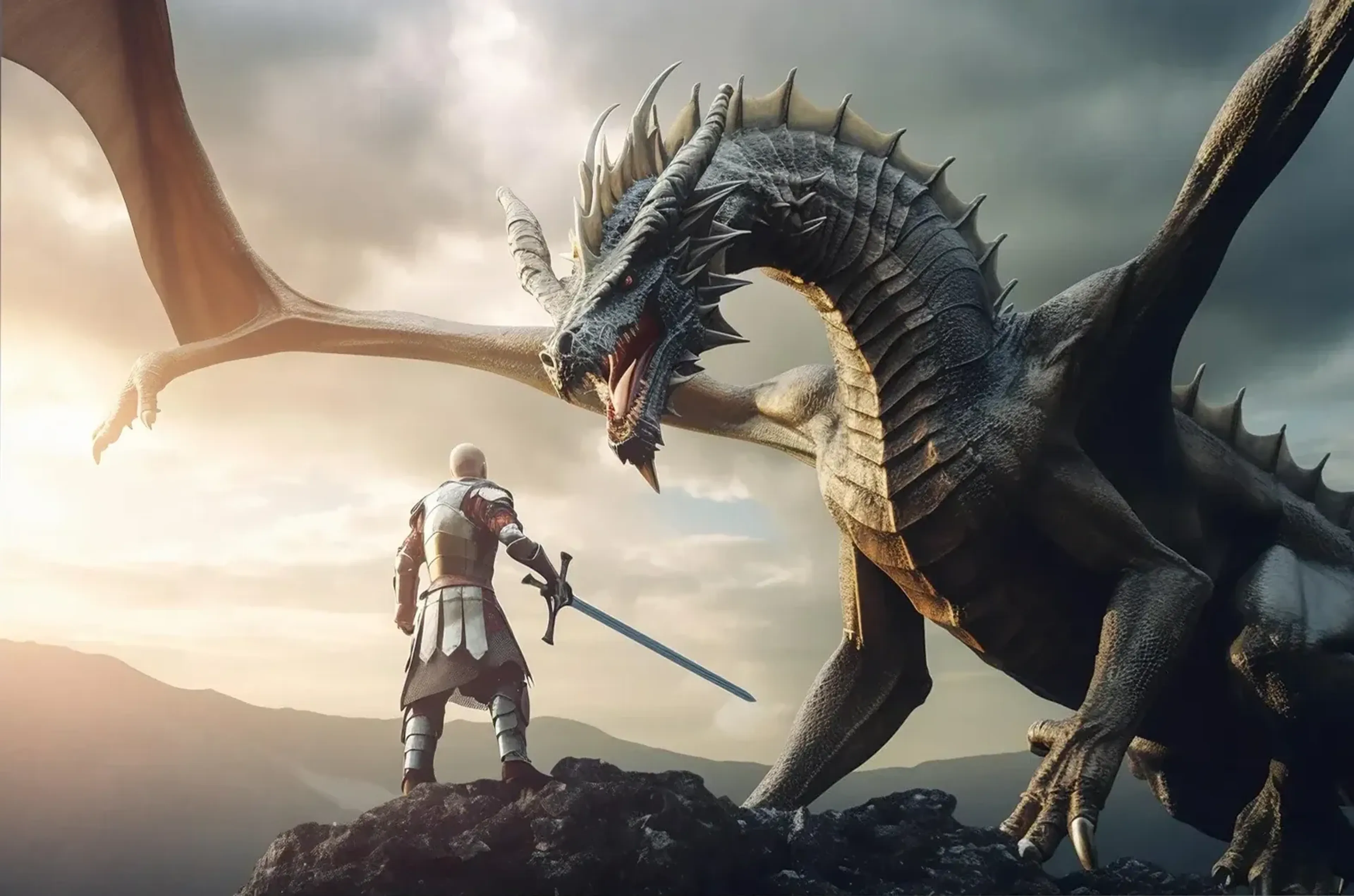 Ein Ritter mit gesenktem Schwert steht auf einem Felsen vor einem großen grauen Drachen mit geöffnetem Maul.