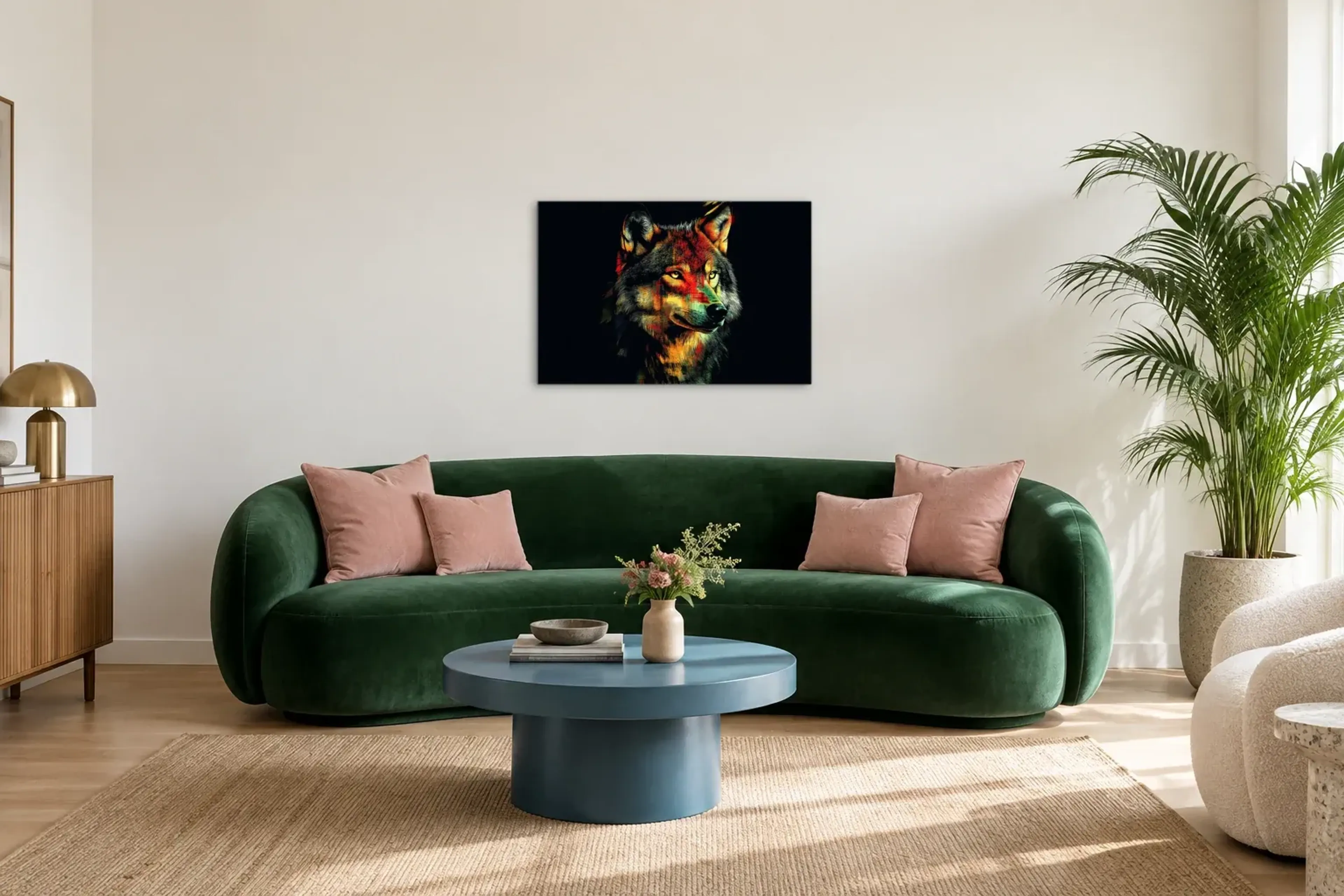 Wolf mit goldenem Blick als Wandbild über einem 220-cm-Sofa