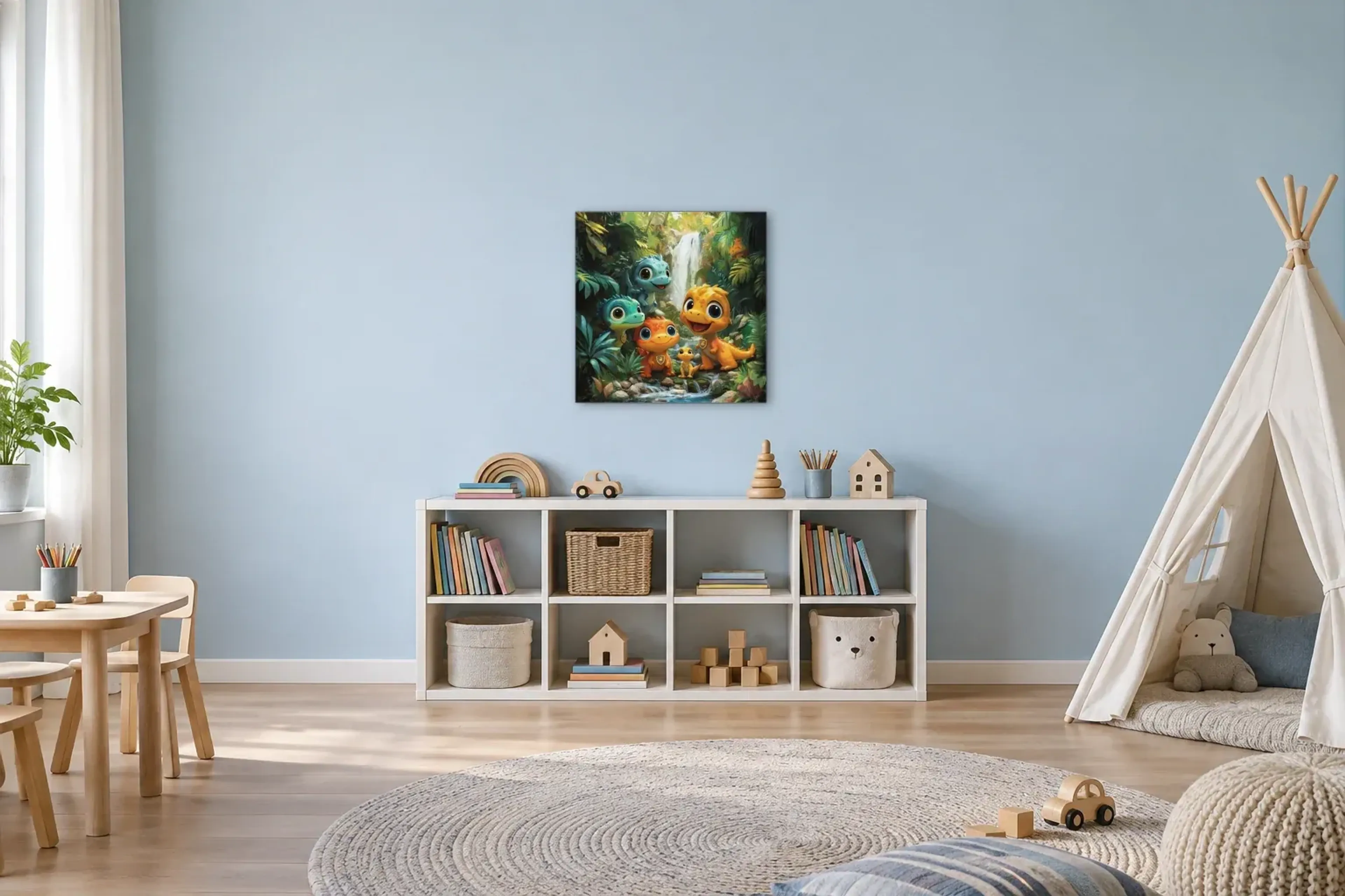 Dinofreunde am Wasserfall als Wandbild über einem 120-cm-Spielregal