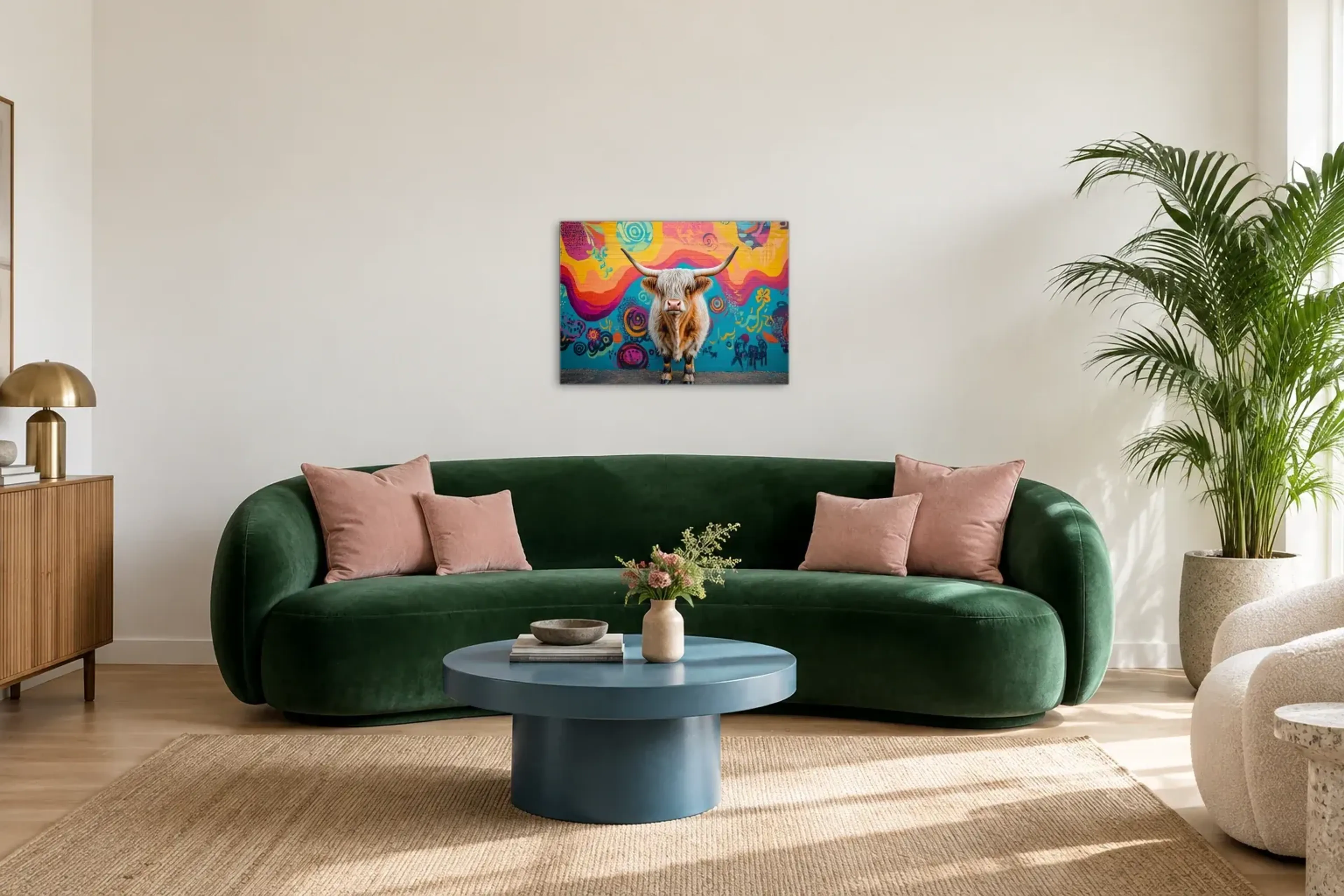 Hochlandrind vor Graffiti als Wandbild über einem 220-cm-Sofa