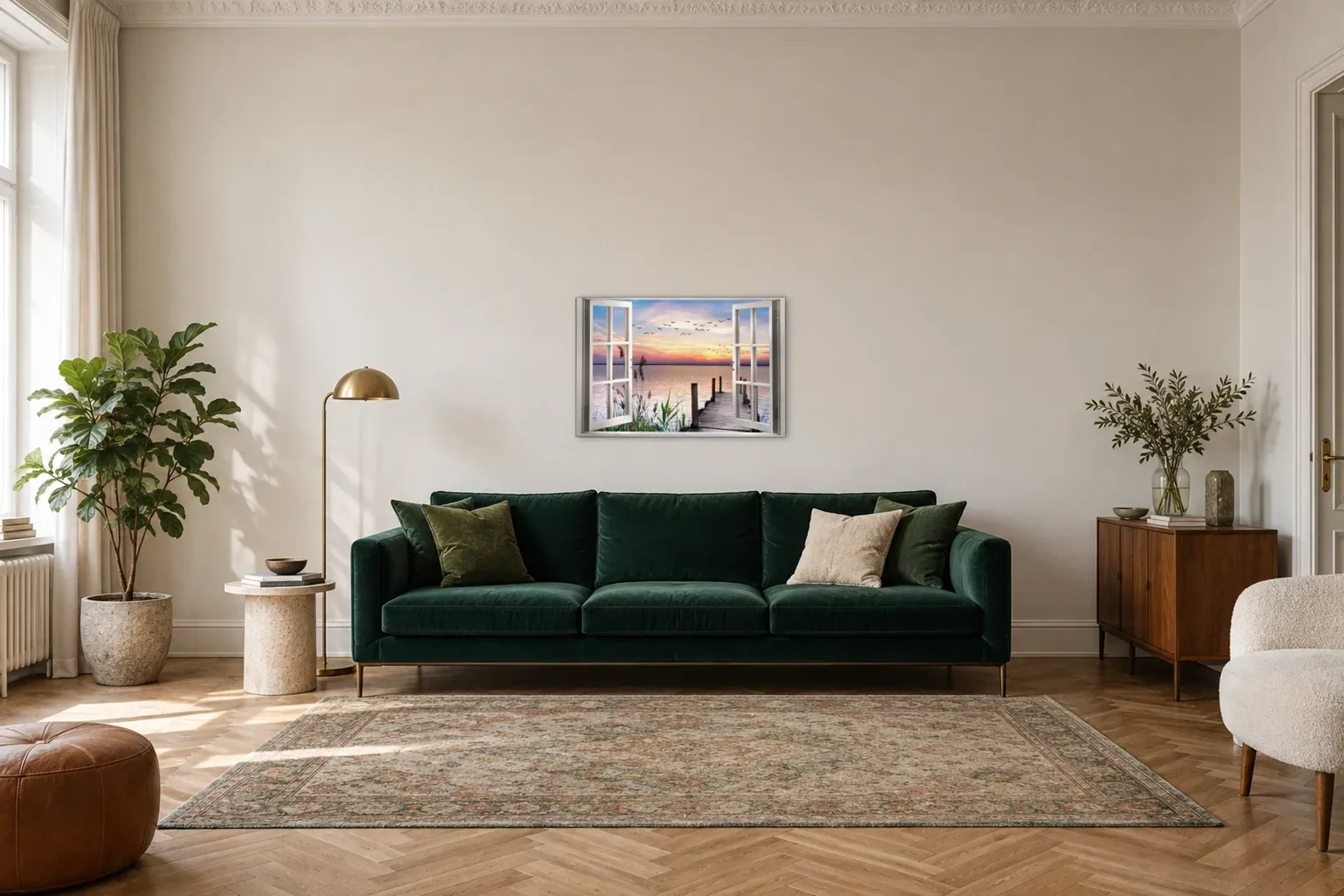 Schilf am See als Wandbild über einem 220-cm-Sofa