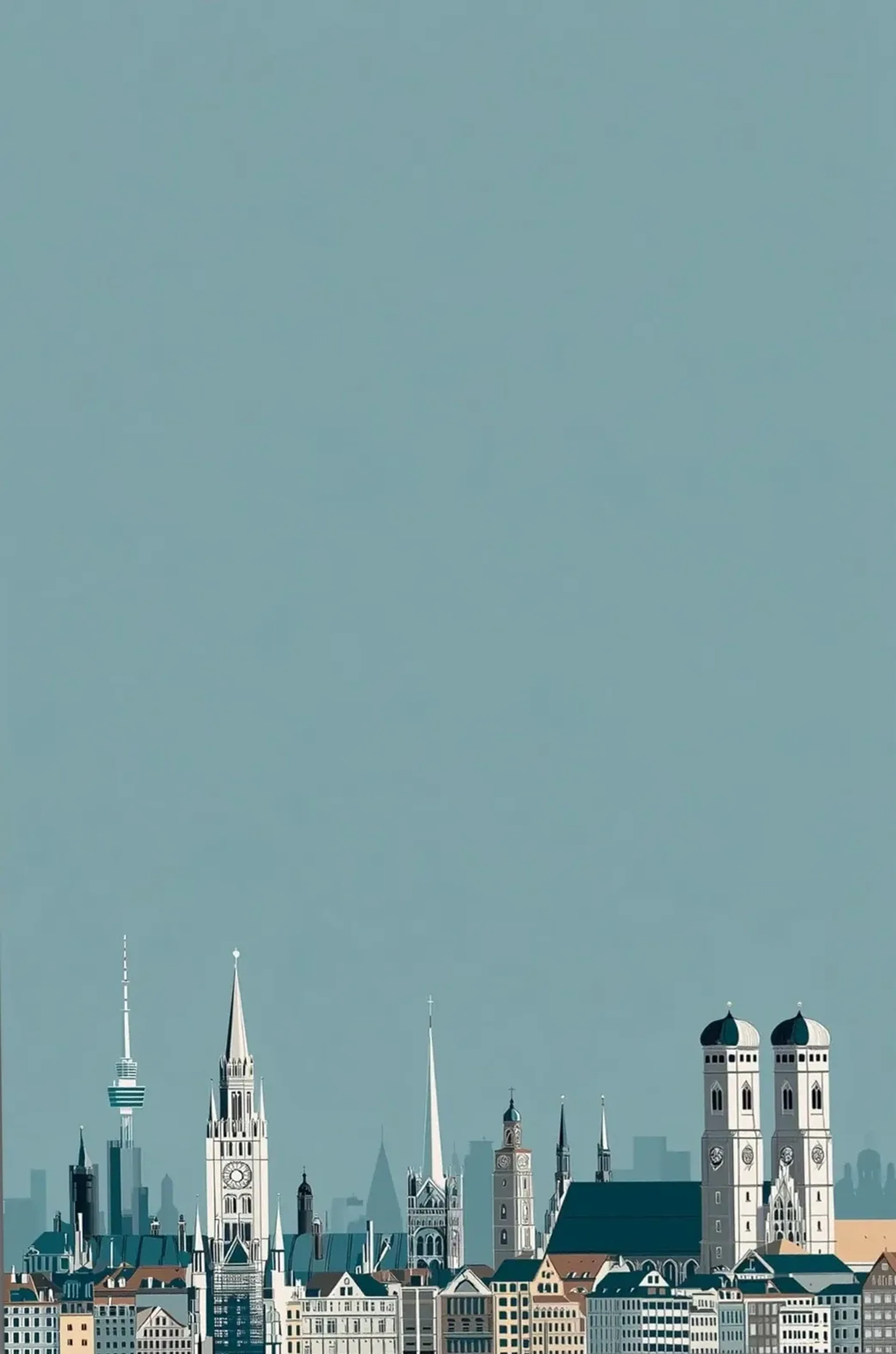 Münchner Stadtsilhouette mit hellen Fassaden und dunklen Dächern unter einer großen blaugrünen Himmelsfläche.