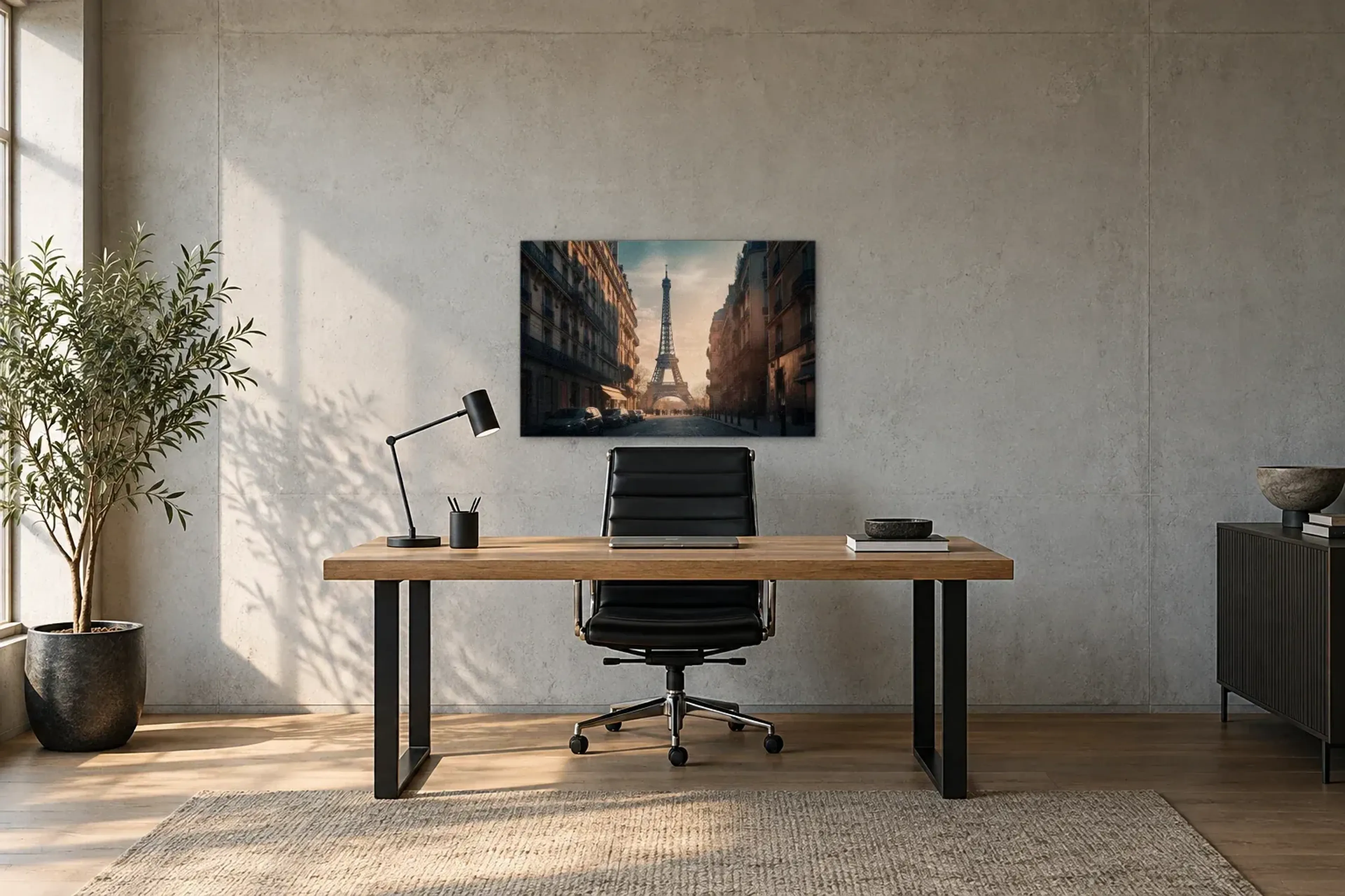 Eiffelturm im Abendlicht als Wandbild über einem 160-cm-Schreibtisch