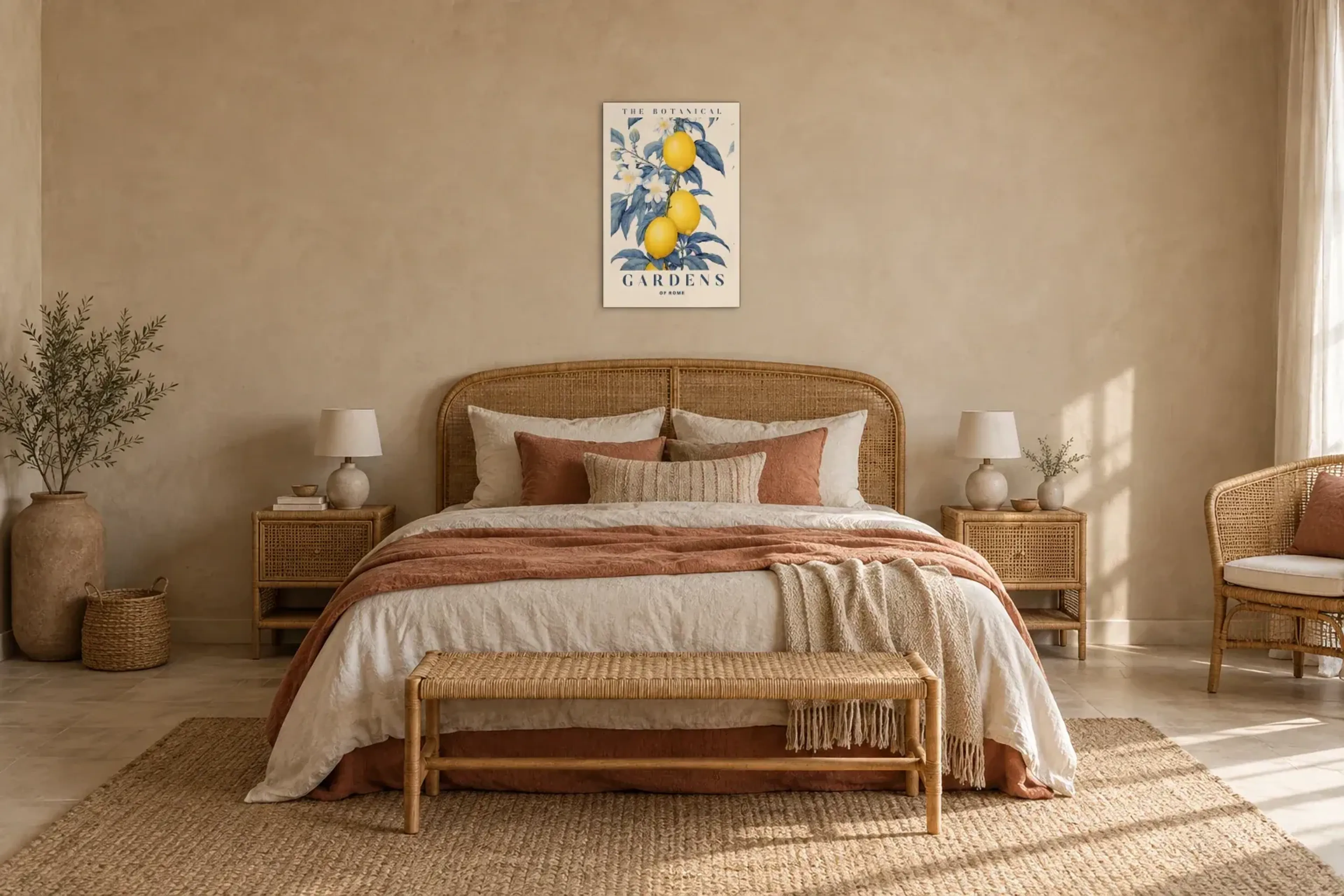 Botanischer Garten als Wandbild über einem 180-cm-Bett