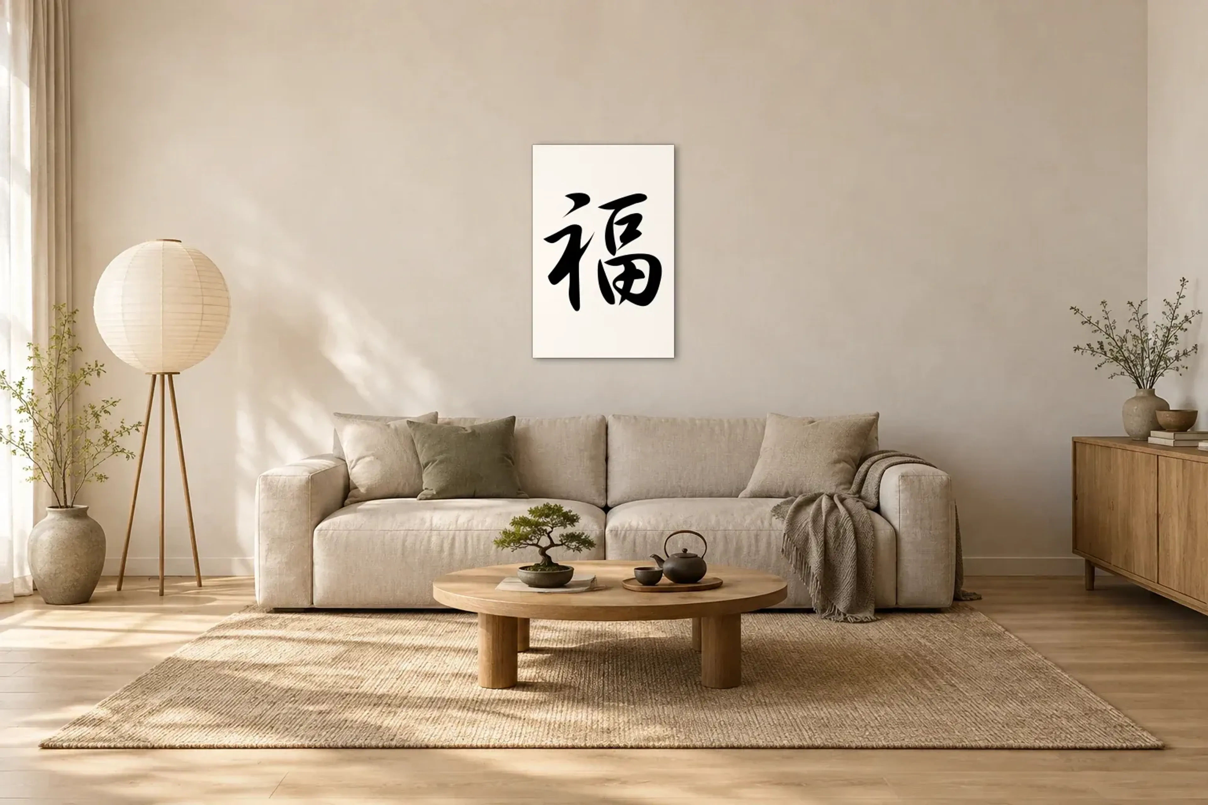 Zeichen für Glück als Wandbild über einem 220-cm-Sofa