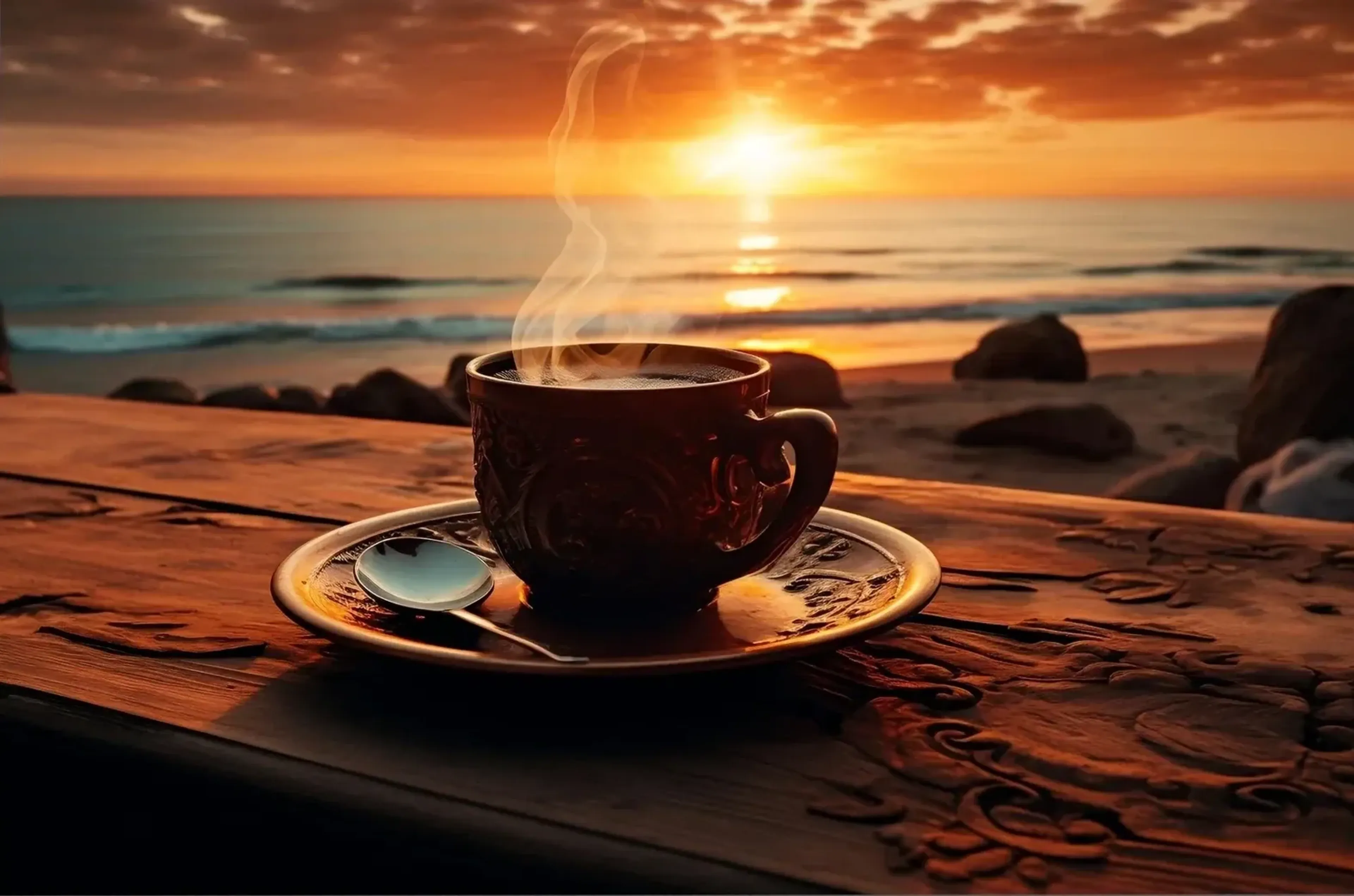 Eine dampfende Kaffeetasse steht auf einem Holztisch vor dem Meer im orangefarbenen Sonnenuntergang.